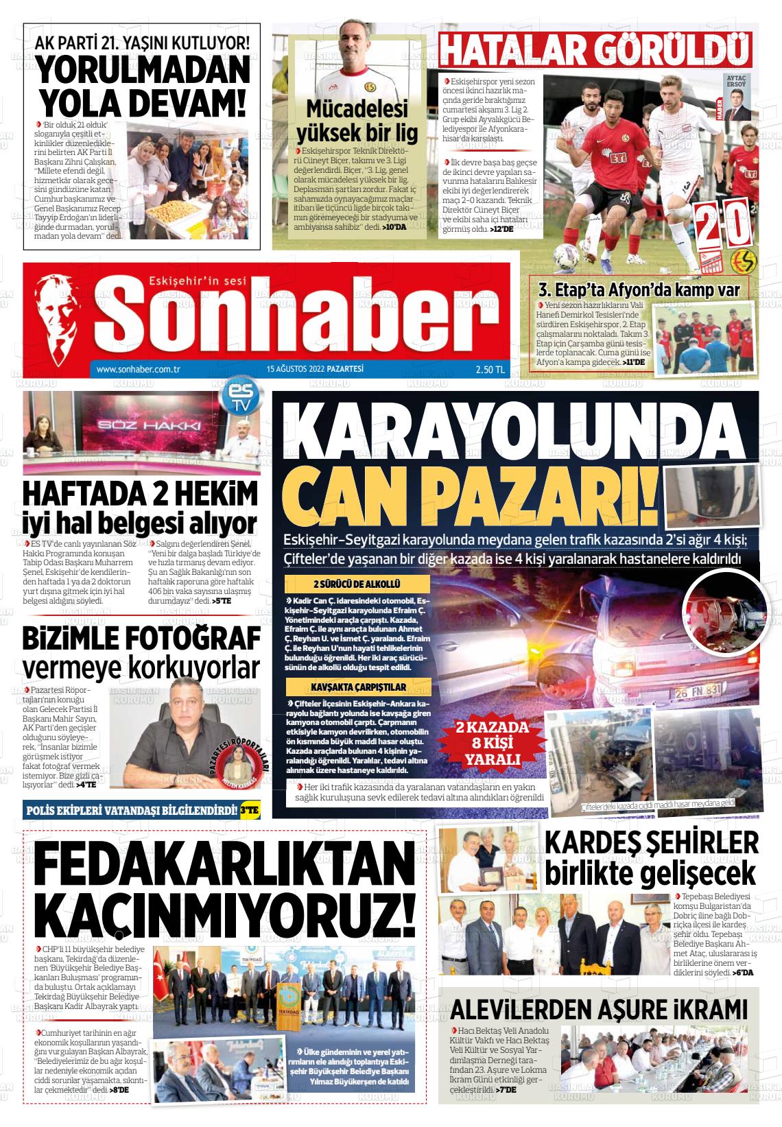 15 Ağustos 2022 Eskişehir Son Haber Gazete Manşeti