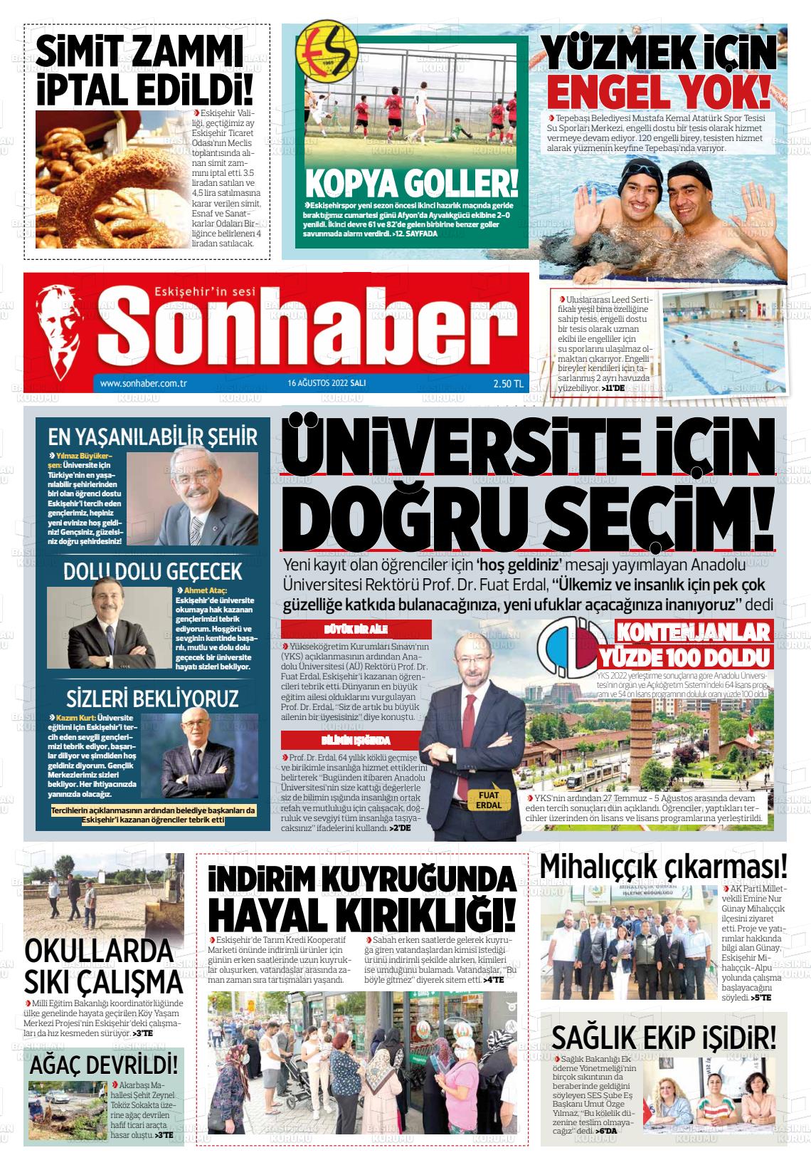 16 Ağustos 2022 Eskişehir Son Haber Gazete Manşeti