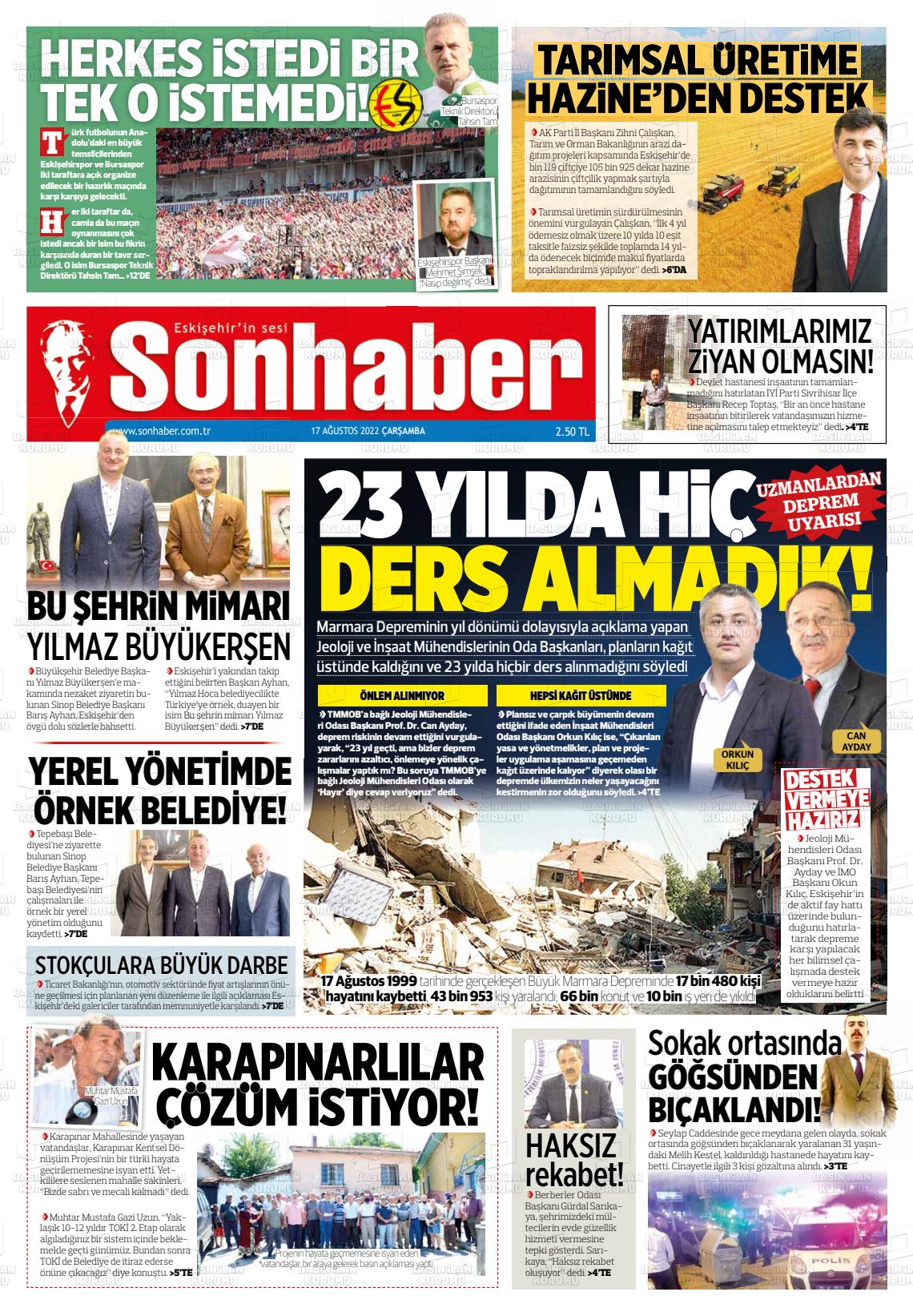 17 Ağustos 2022 Eskişehir Son Haber Gazete Manşeti
