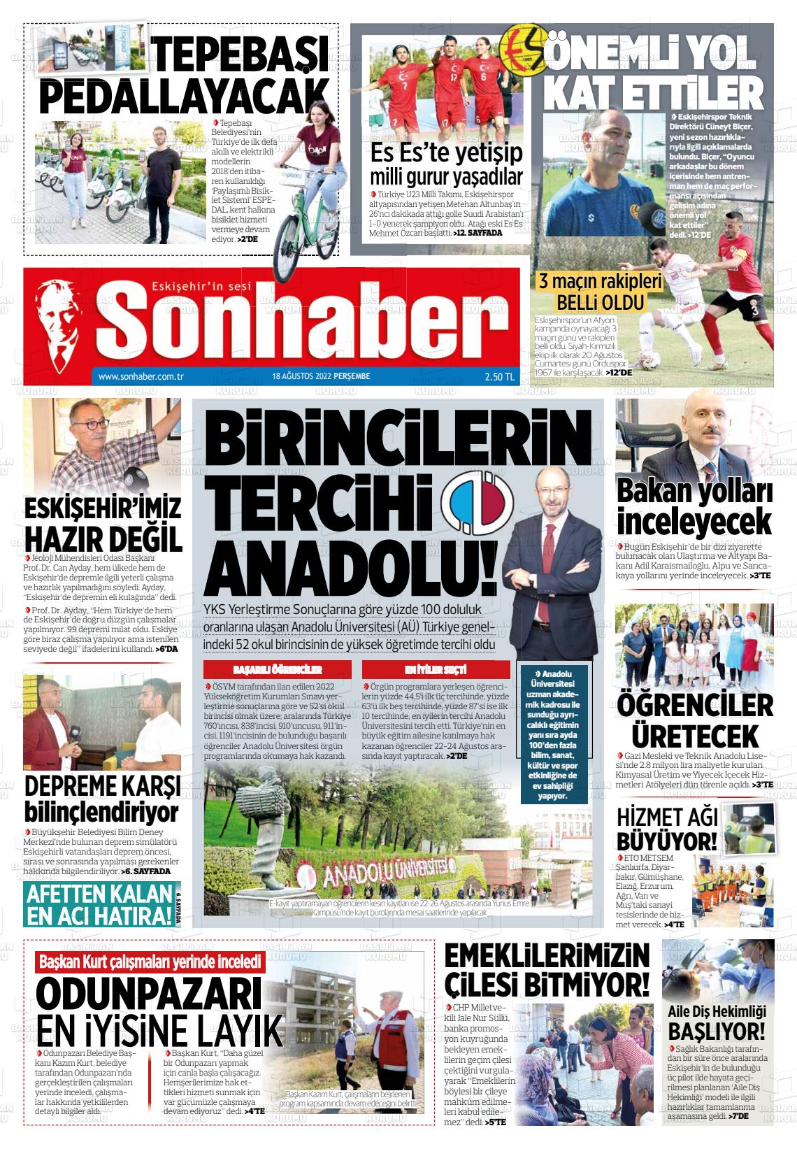 18 Ağustos 2022 Eskişehir Son Haber Gazete Manşeti