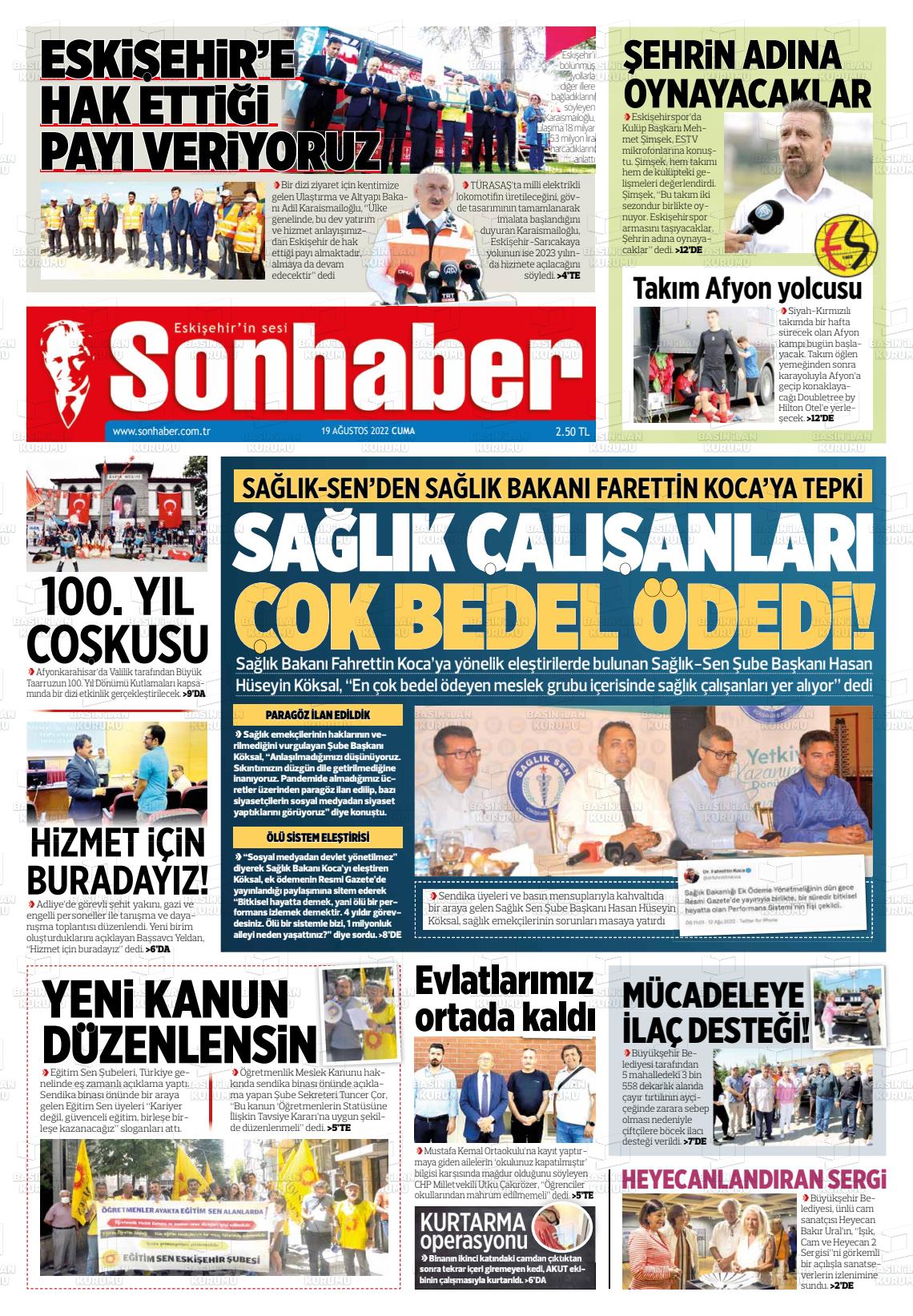 19 Ağustos 2022 Eskişehir Son Haber Gazete Manşeti