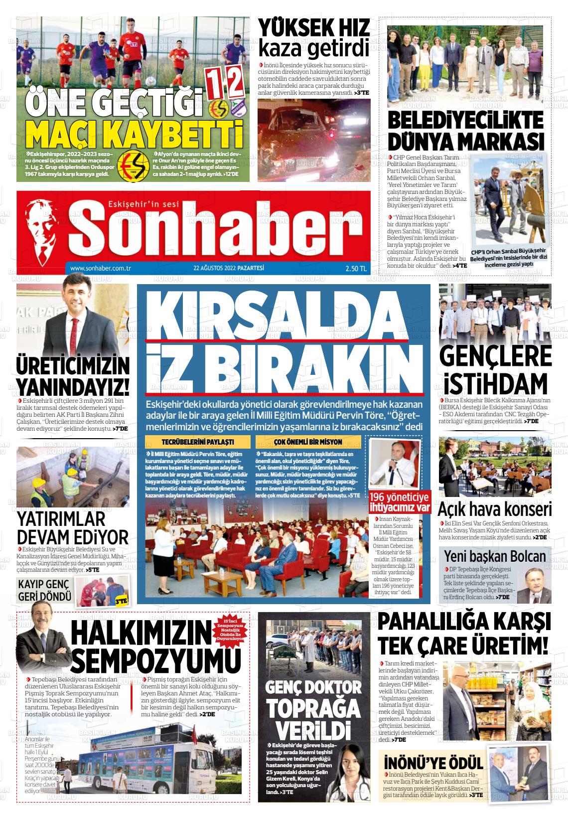 22 Ağustos 2022 Eskişehir Son Haber Gazete Manşeti