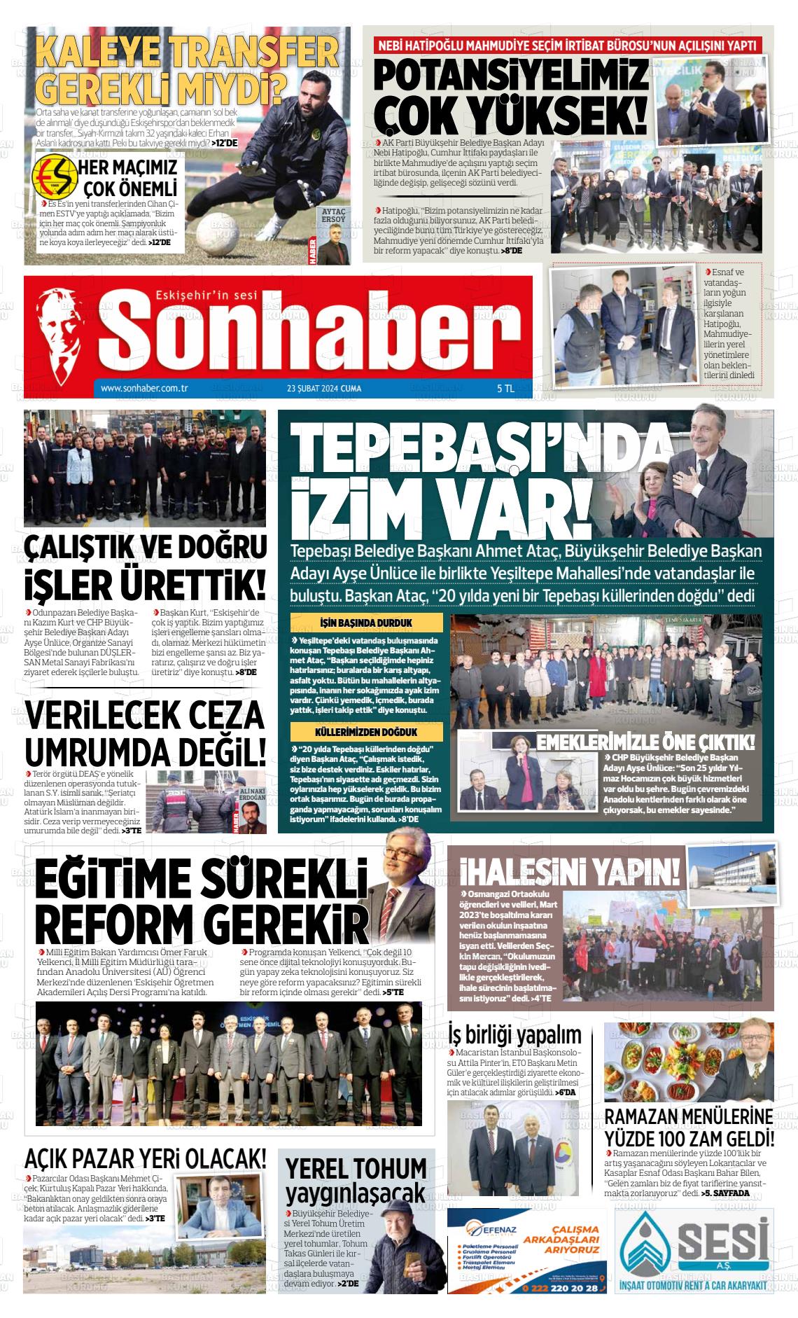23 Şubat 2024 Eskişehir Son Haber Gazete Manşeti