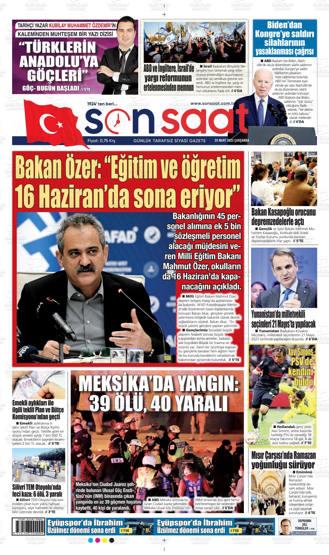 29 Mart 2023 Son Saat Gazete Manşeti
