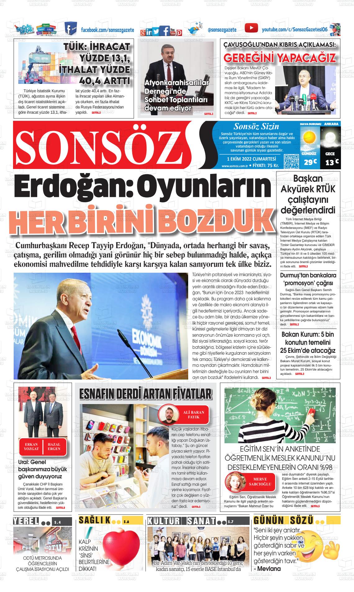 01 Ekim 2022 Ankara Sonsöz Gazete Manşeti