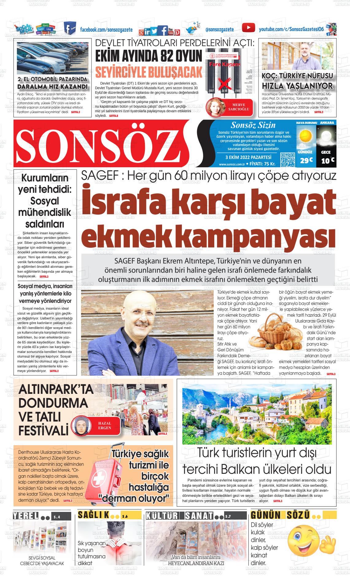 03 Ekim 2022 Ankara Sonsöz Gazete Manşeti