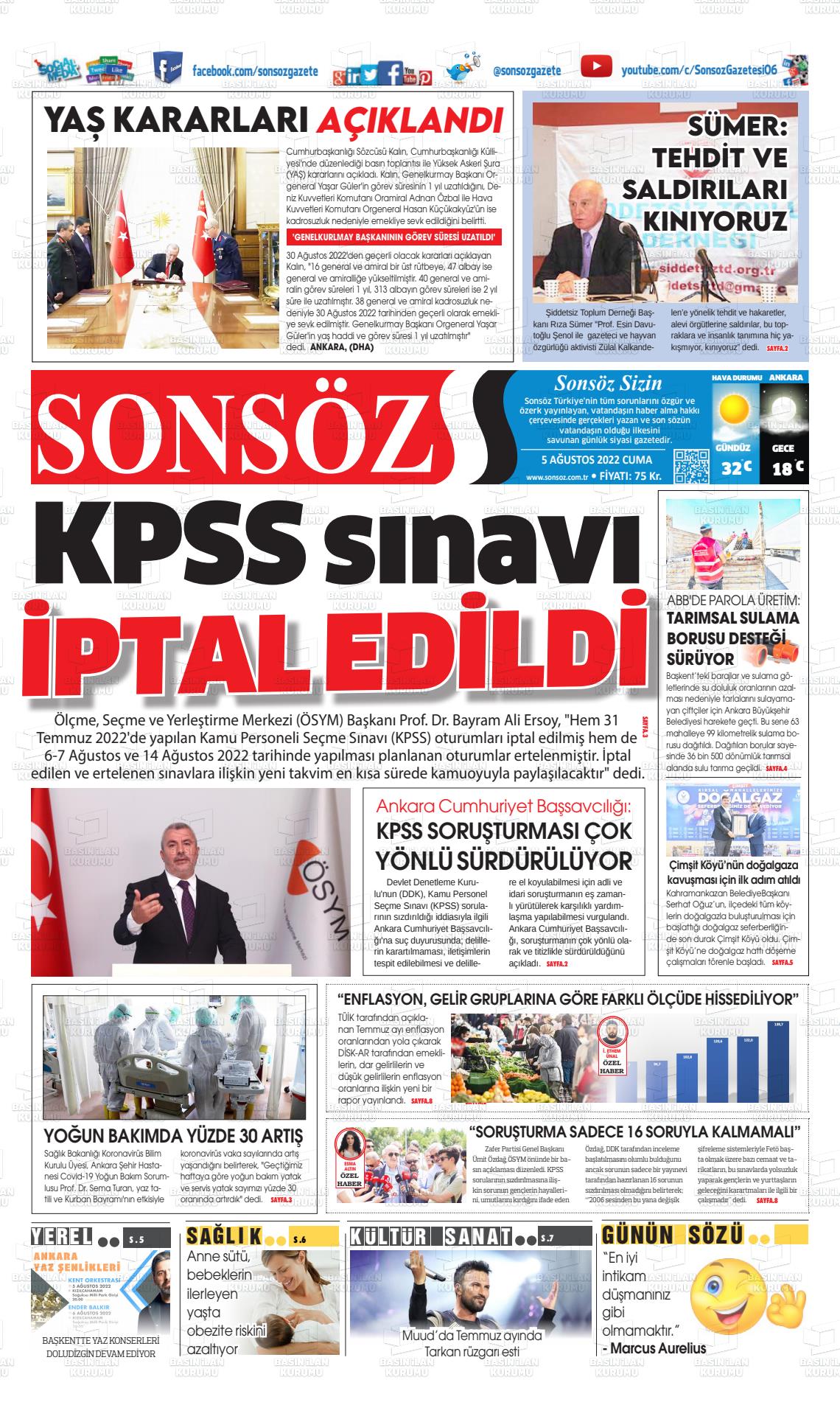 05 Ağustos 2022 Ankara Sonsöz Gazete Manşeti