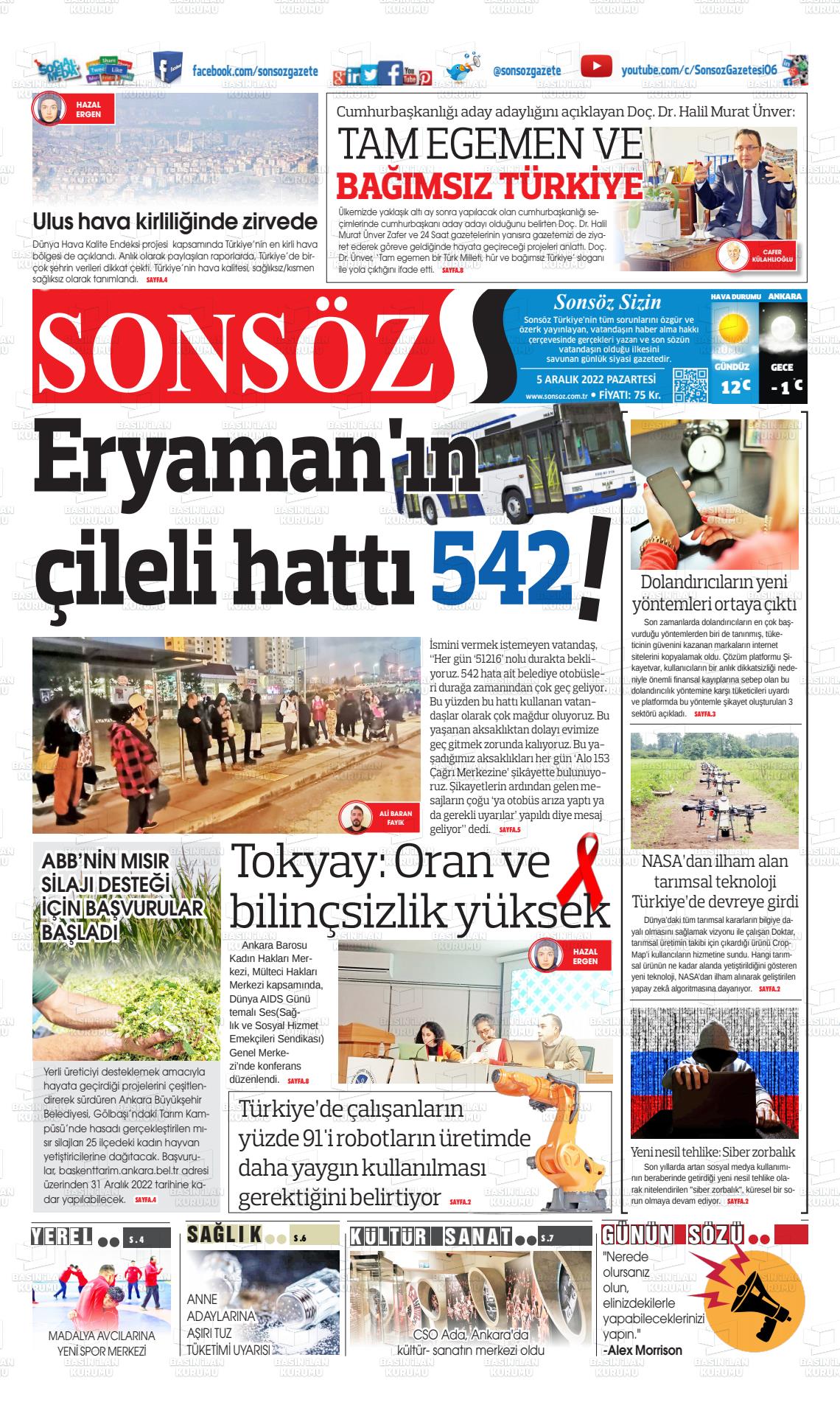05 Aralık 2022 Ankara Sonsöz Gazete Manşeti