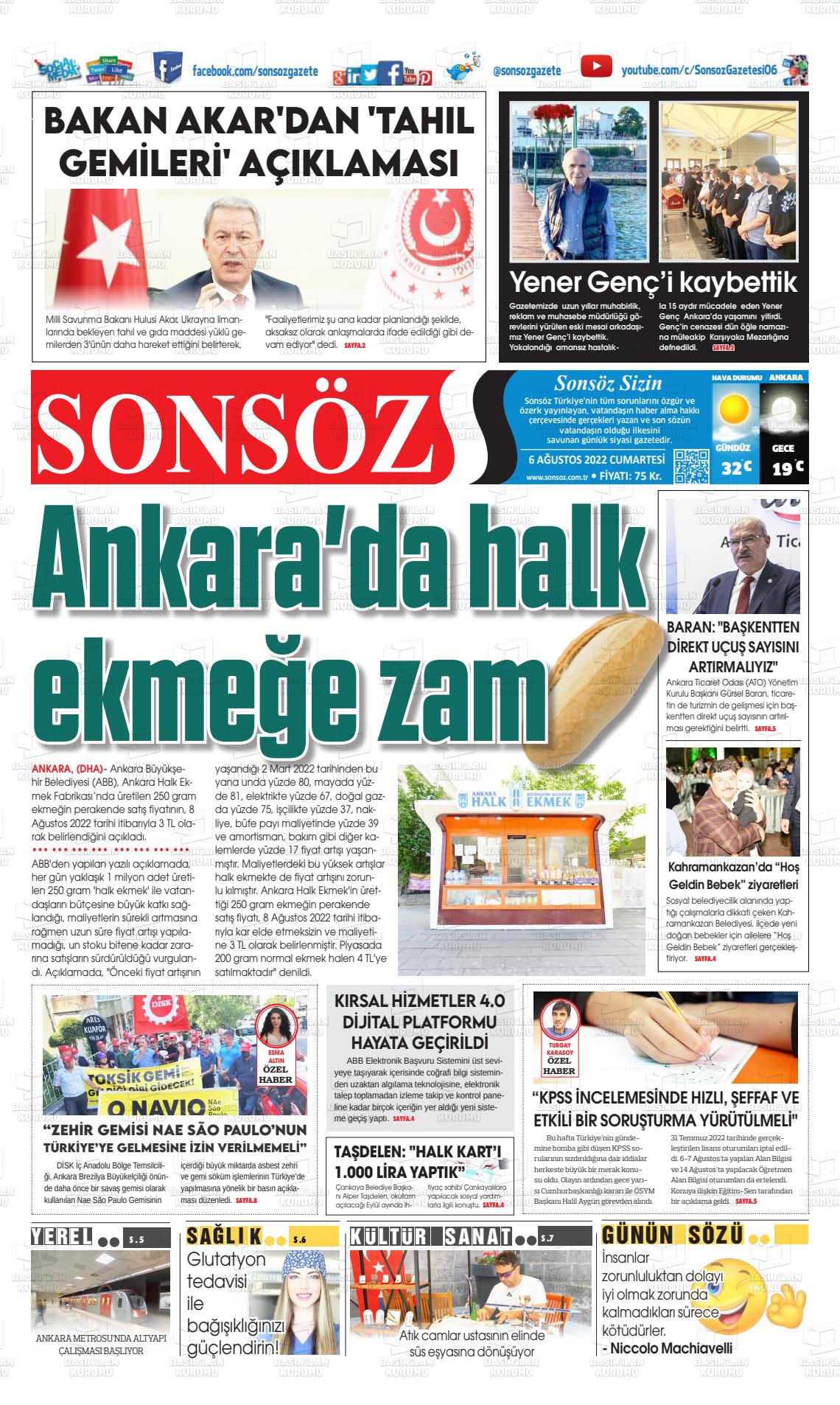 06 Ağustos 2022 Ankara Sonsöz Gazete Manşeti