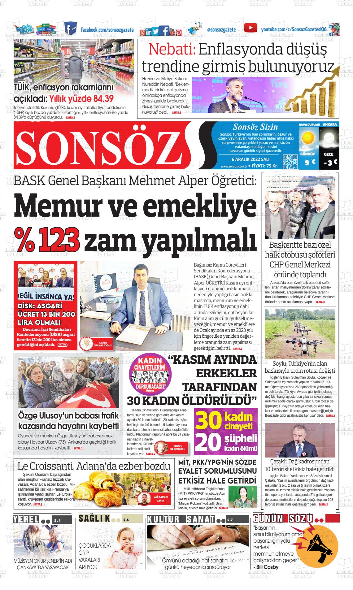 06 Aralık 2022 Ankara Sonsöz Gazete Manşeti