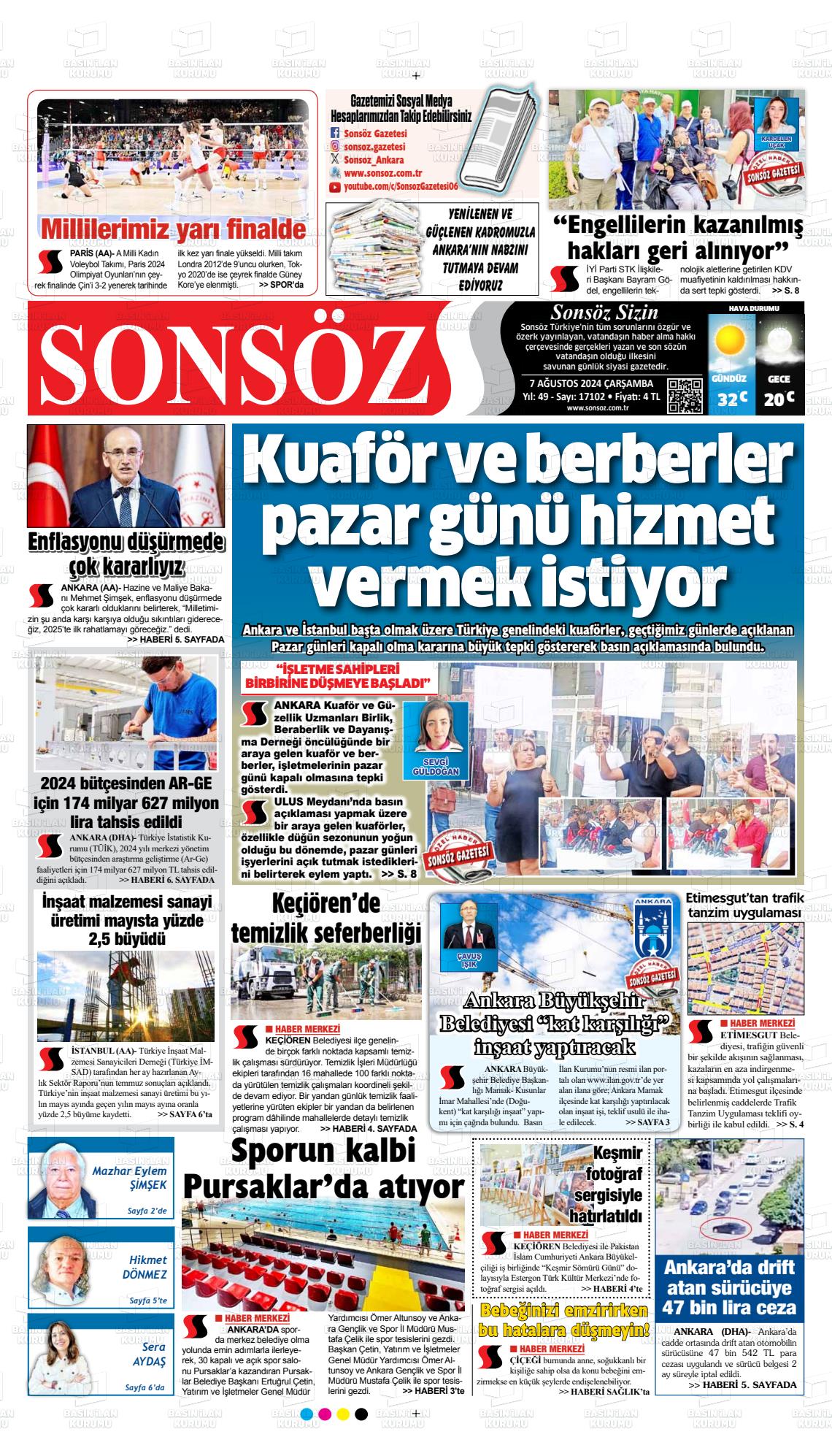 07 Ağustos 2024 Ankara Sonsöz Gazete Manşeti