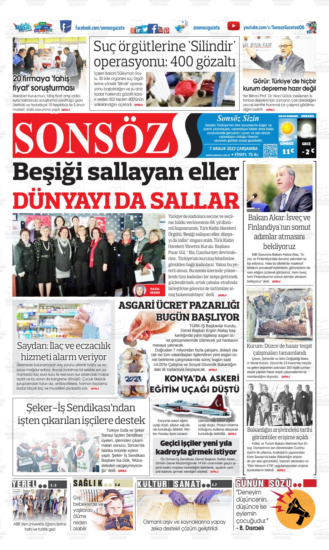 07 Aralık 2022 Ankara Sonsöz Gazete Manşeti