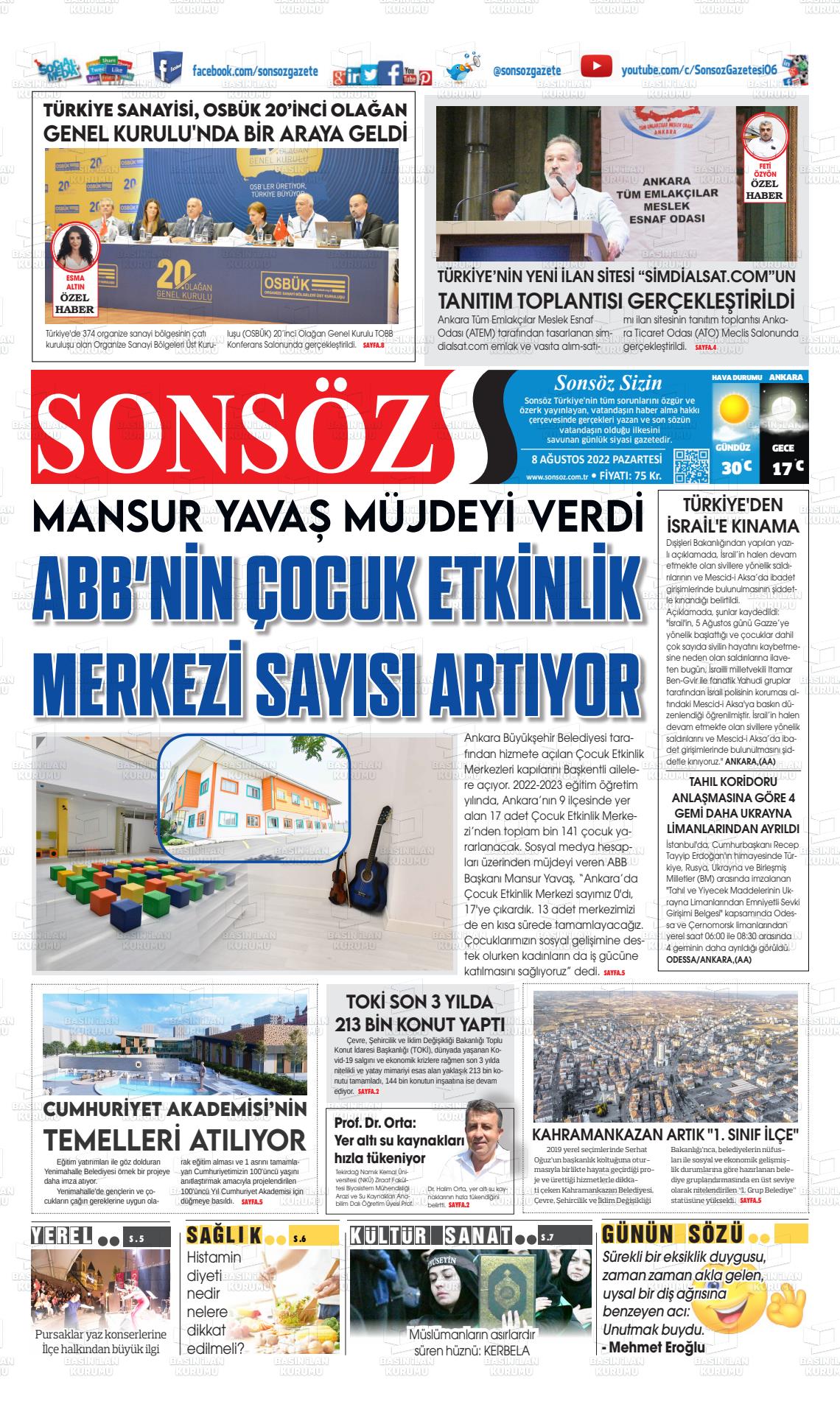 08 Ağustos 2022 Ankara Sonsöz Gazete Manşeti