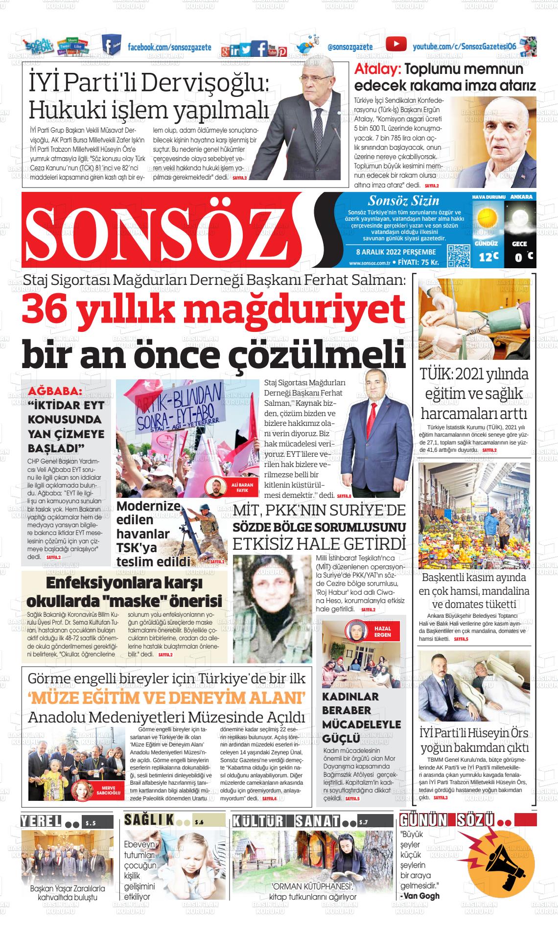 08 Aralık 2022 Ankara Sonsöz Gazete Manşeti