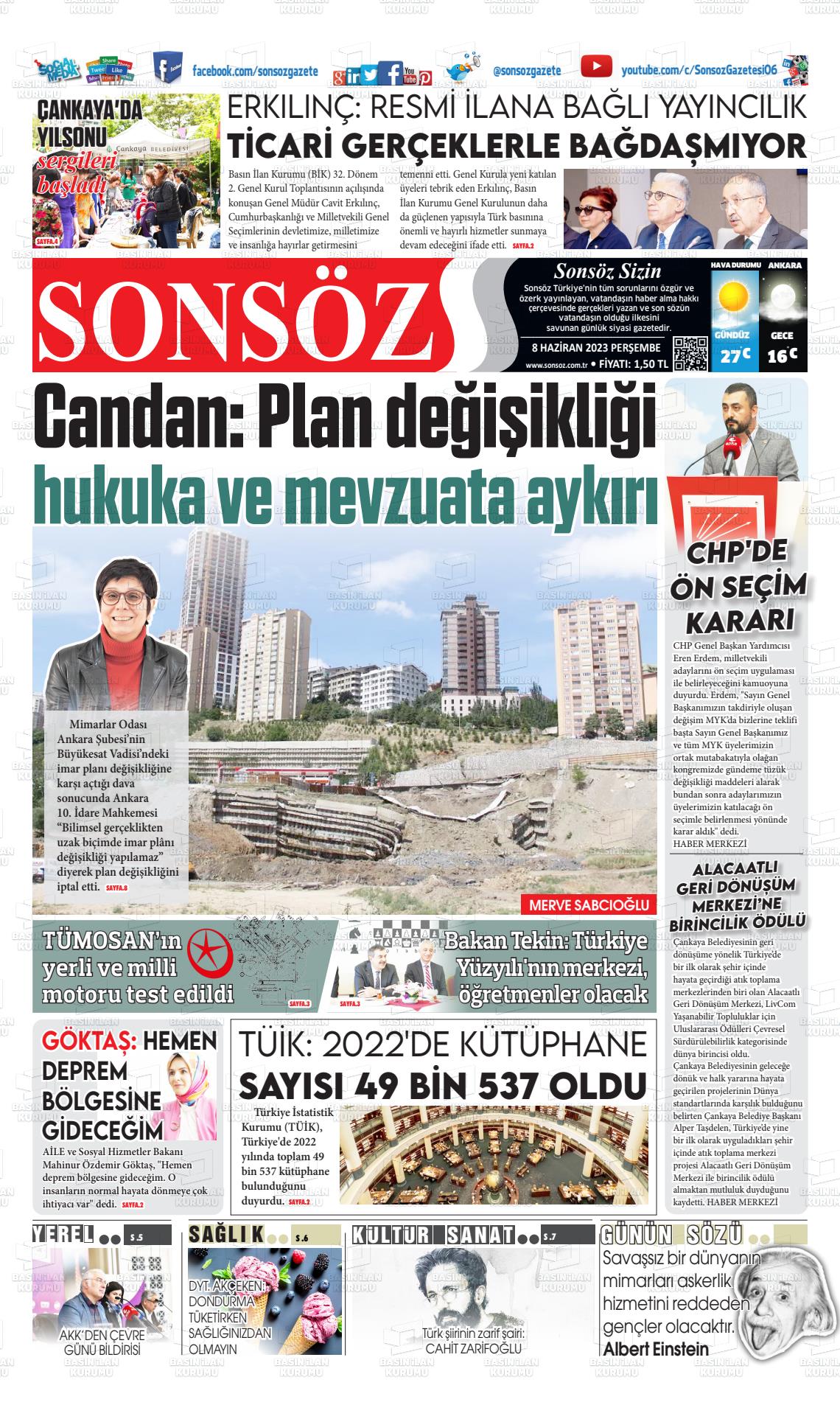 08 Haziran 2023 Ankara Sonsöz Gazete Manşeti
