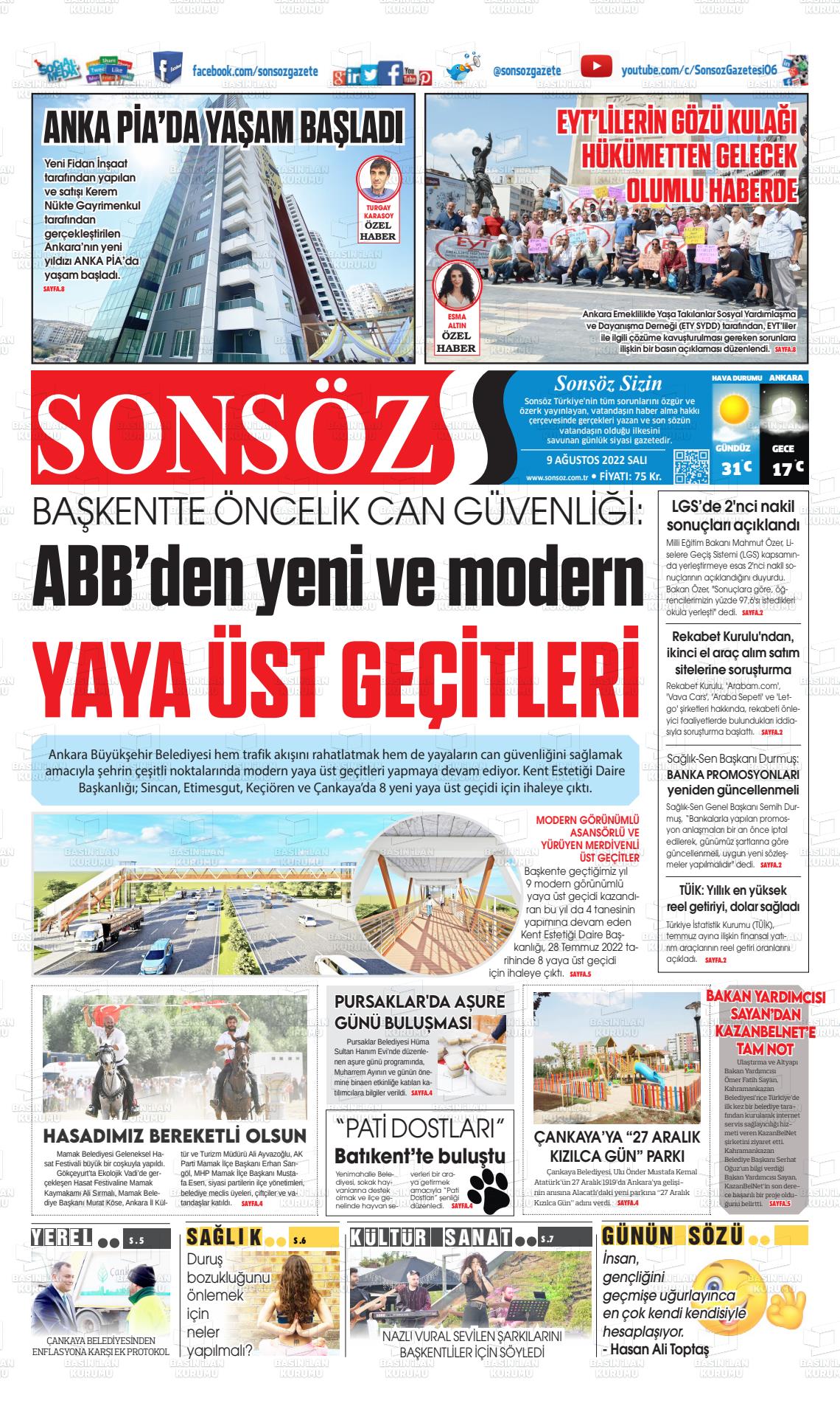 09 Ağustos 2022 Ankara Sonsöz Gazete Manşeti