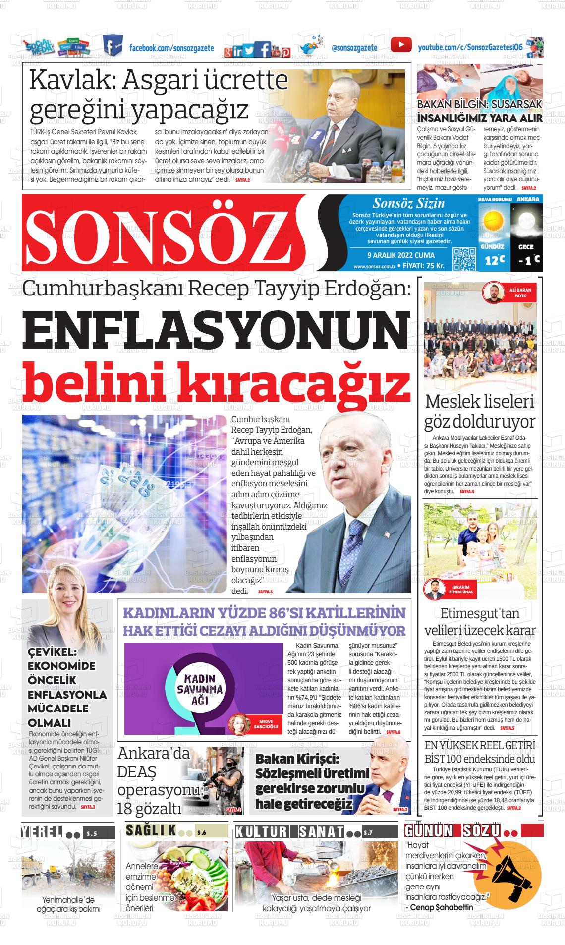 09 Aralık 2022 Ankara Sonsöz Gazete Manşeti