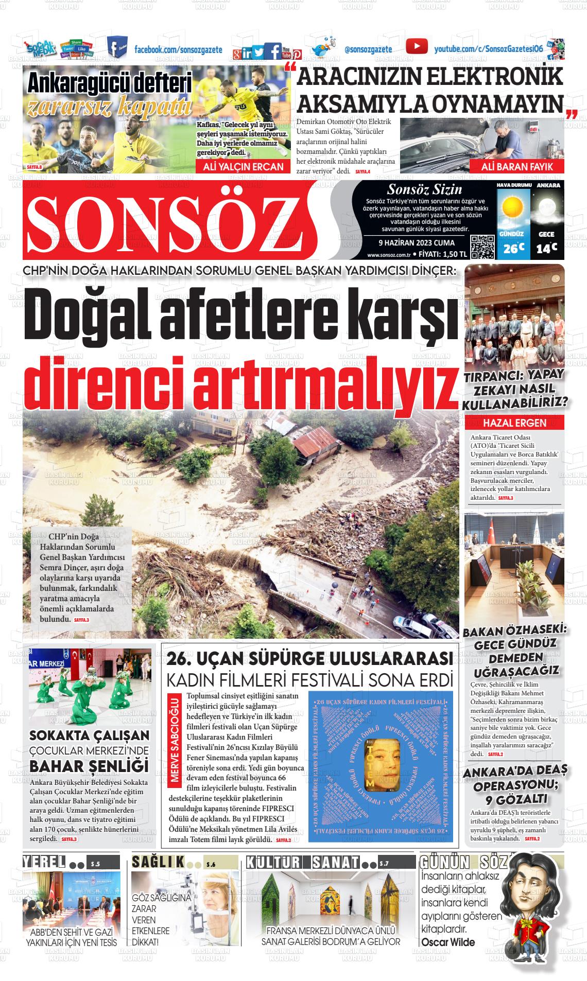 10 Haziran 2023 Ankara Sonsöz Gazete Manşeti