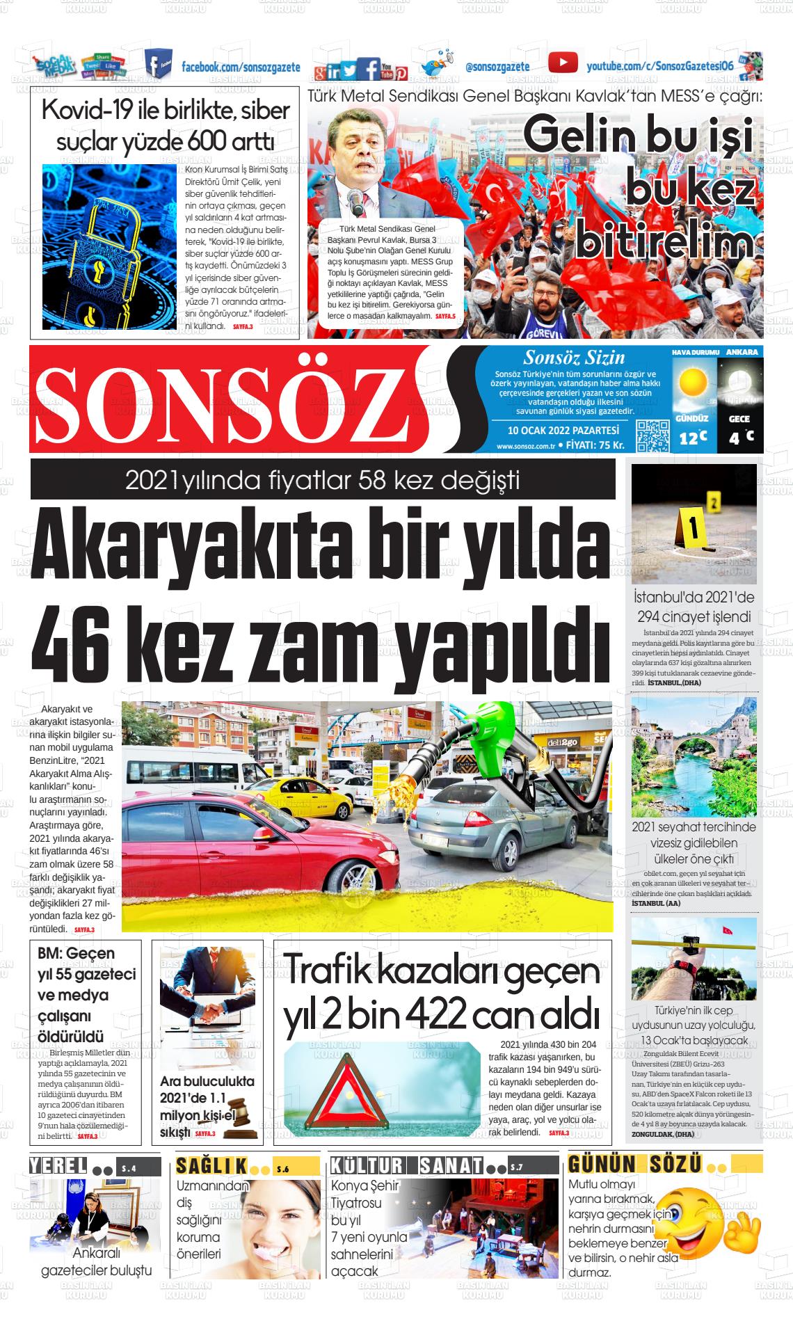 10 Ocak 2022 Ankara Sonsöz Gazete Manşeti