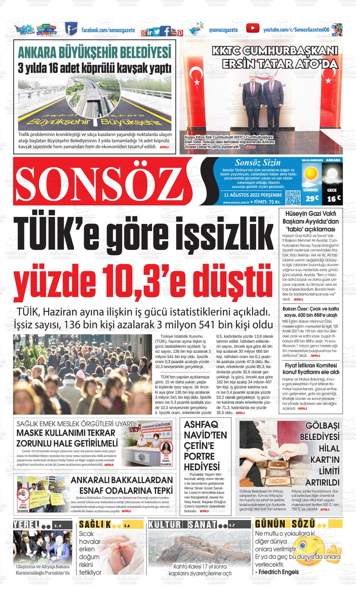 11 Ağustos 2022 Ankara Sonsöz Gazete Manşeti