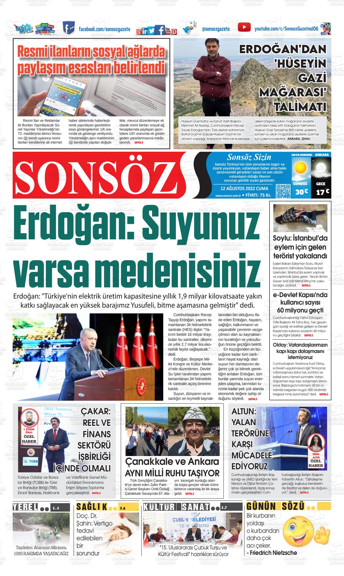 12 Ağustos 2022 Ankara Sonsöz Gazete Manşeti