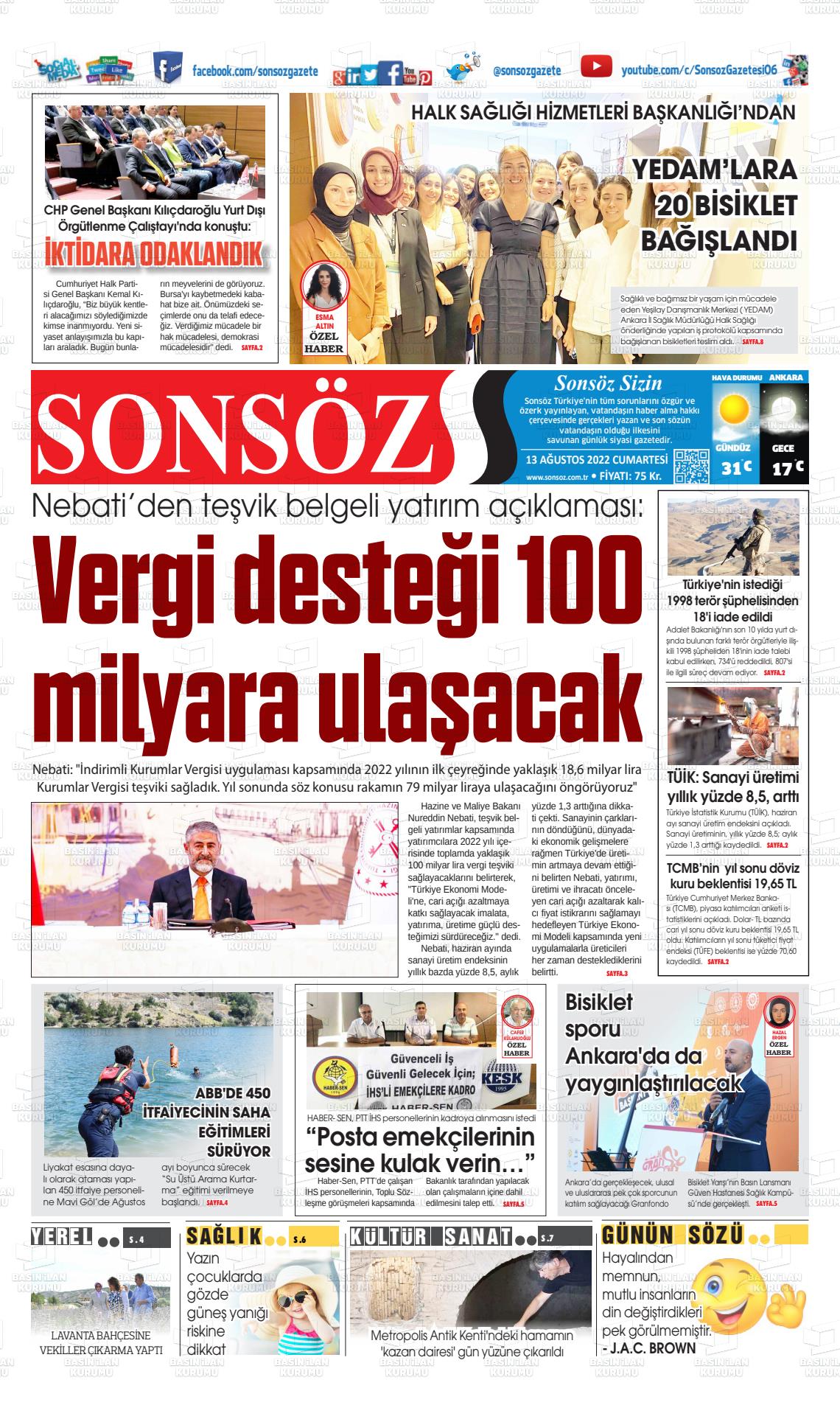 13 Ağustos 2022 Ankara Sonsöz Gazete Manşeti