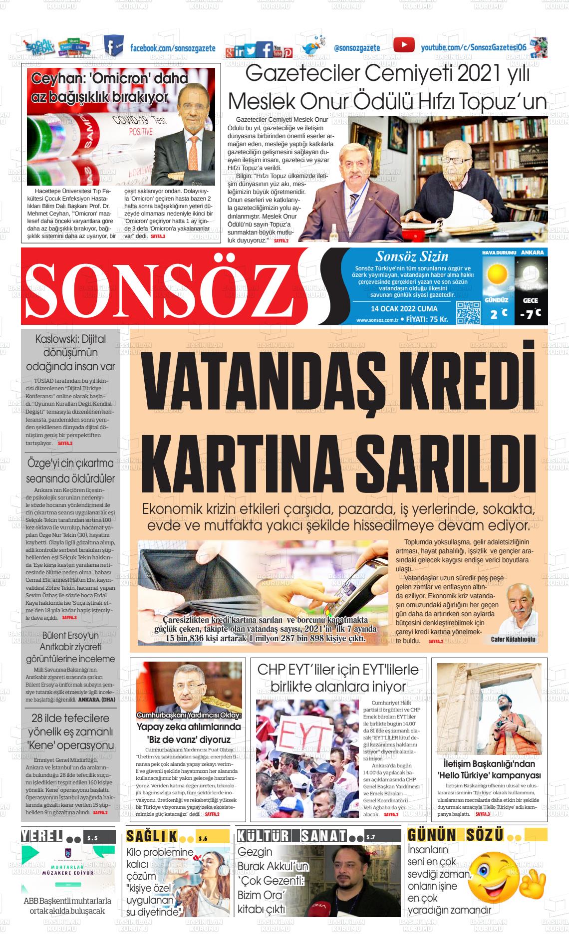14 Ocak 2022 Ankara Sonsöz Gazete Manşeti
