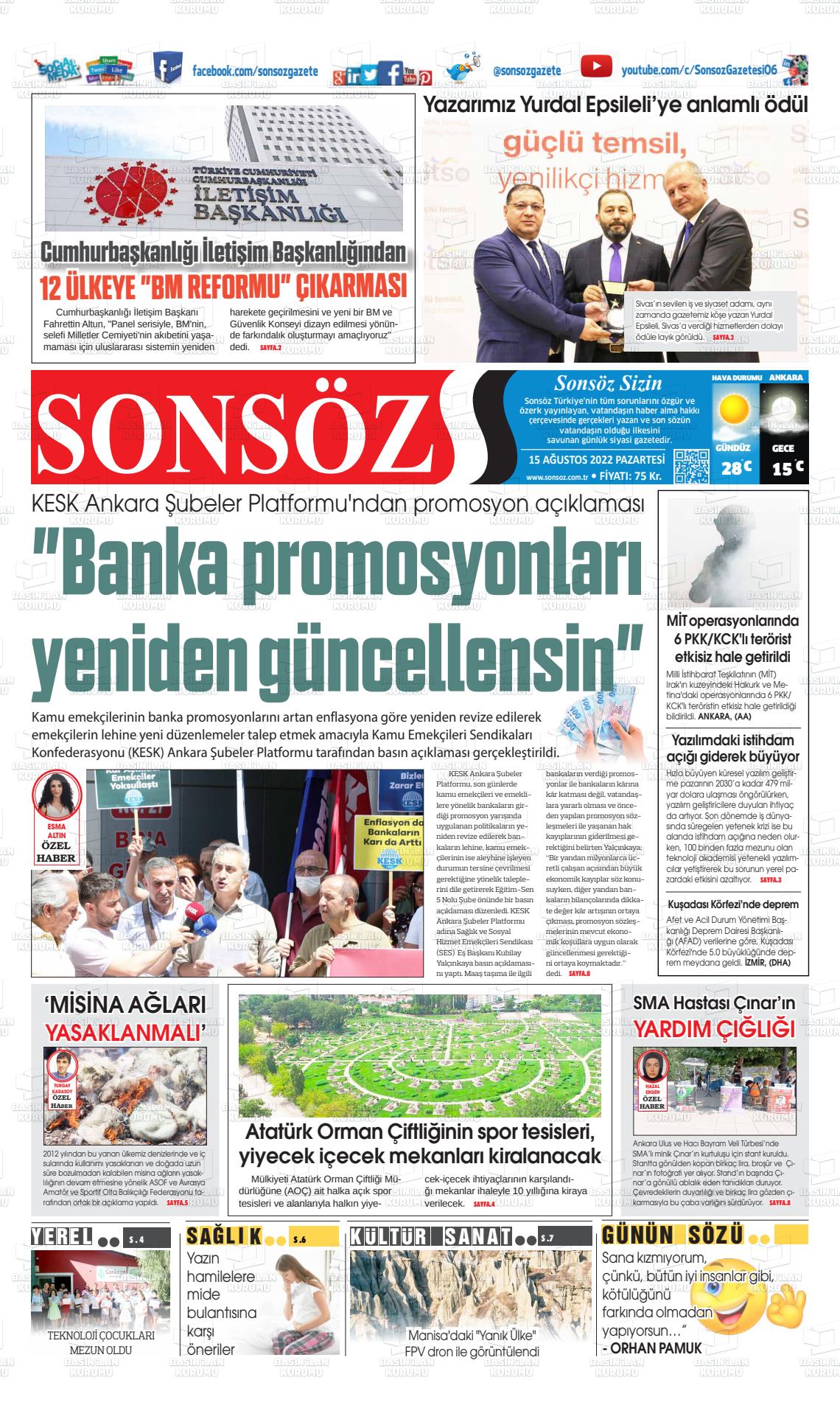 15 Ağustos 2022 Ankara Sonsöz Gazete Manşeti