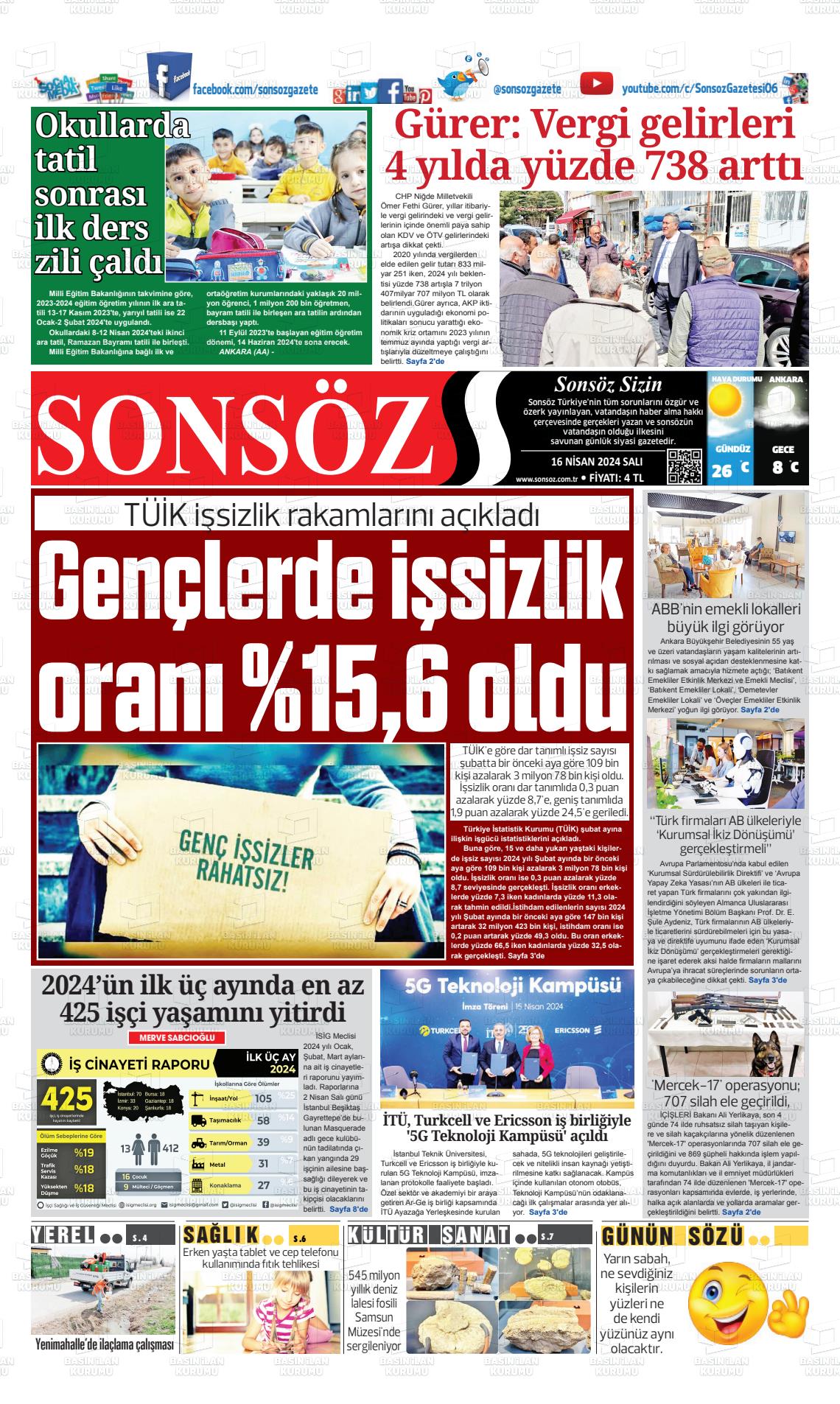 18 Nisan 2024 Ankara Sonsöz Gazete Manşeti