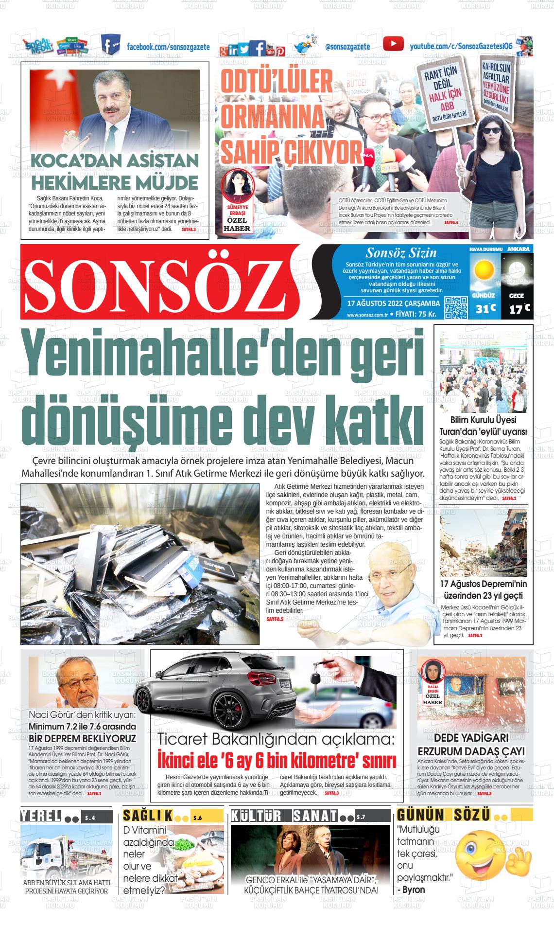 17 Ağustos 2022 Ankara Sonsöz Gazete Manşeti