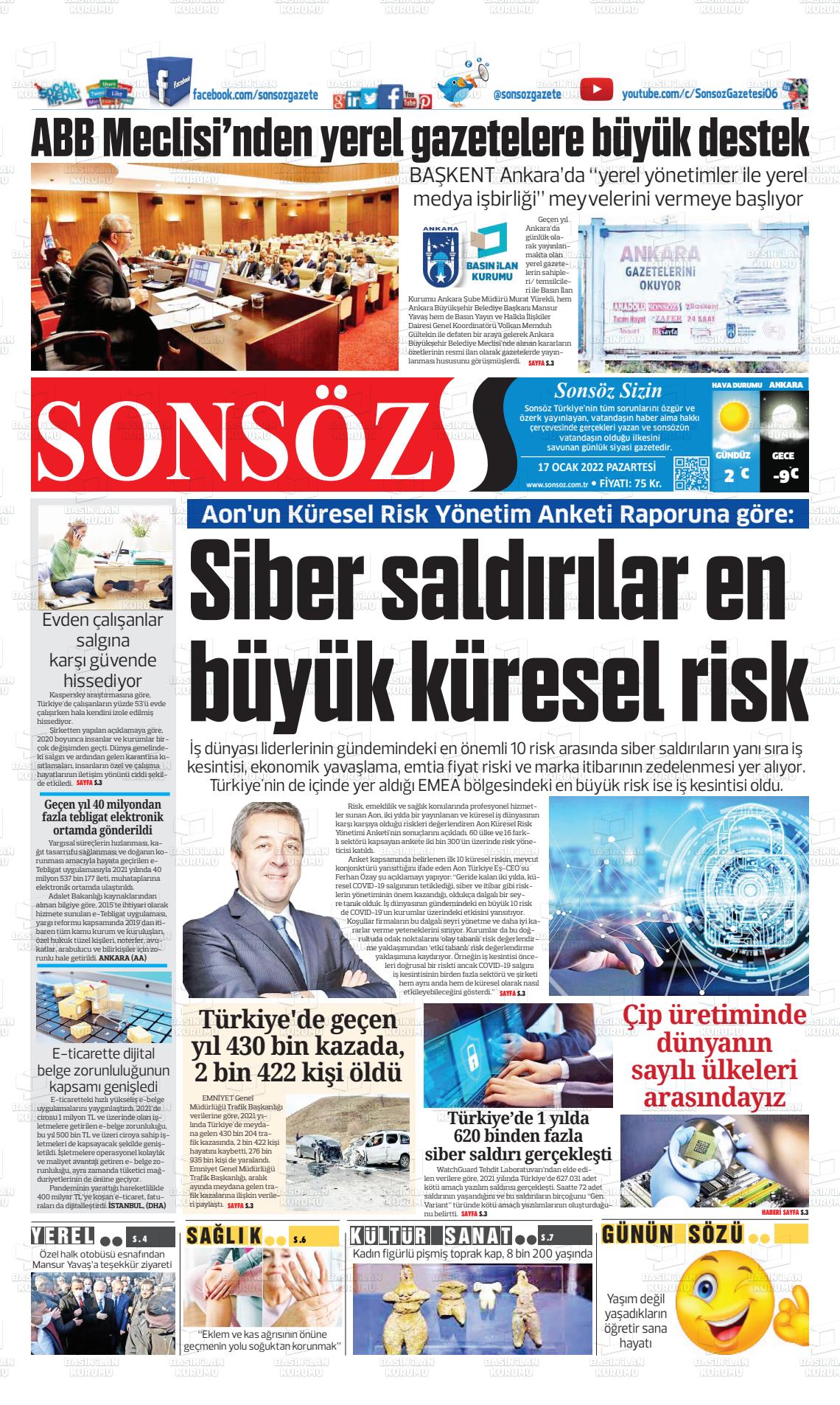 17 Ocak 2022 Ankara Sonsöz Gazete Manşeti