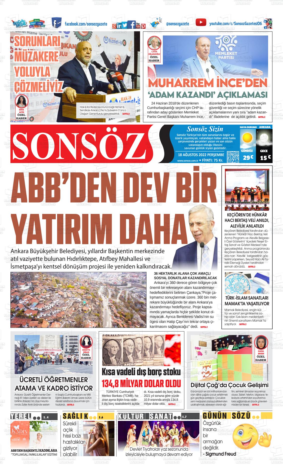 18 Ağustos 2022 Ankara Sonsöz Gazete Manşeti