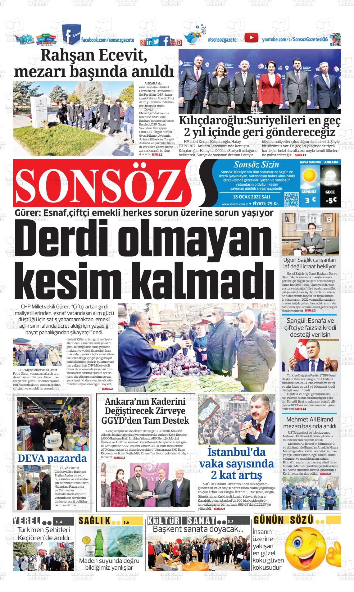 18 Ocak 2022 Ankara Sonsöz Gazete Manşeti