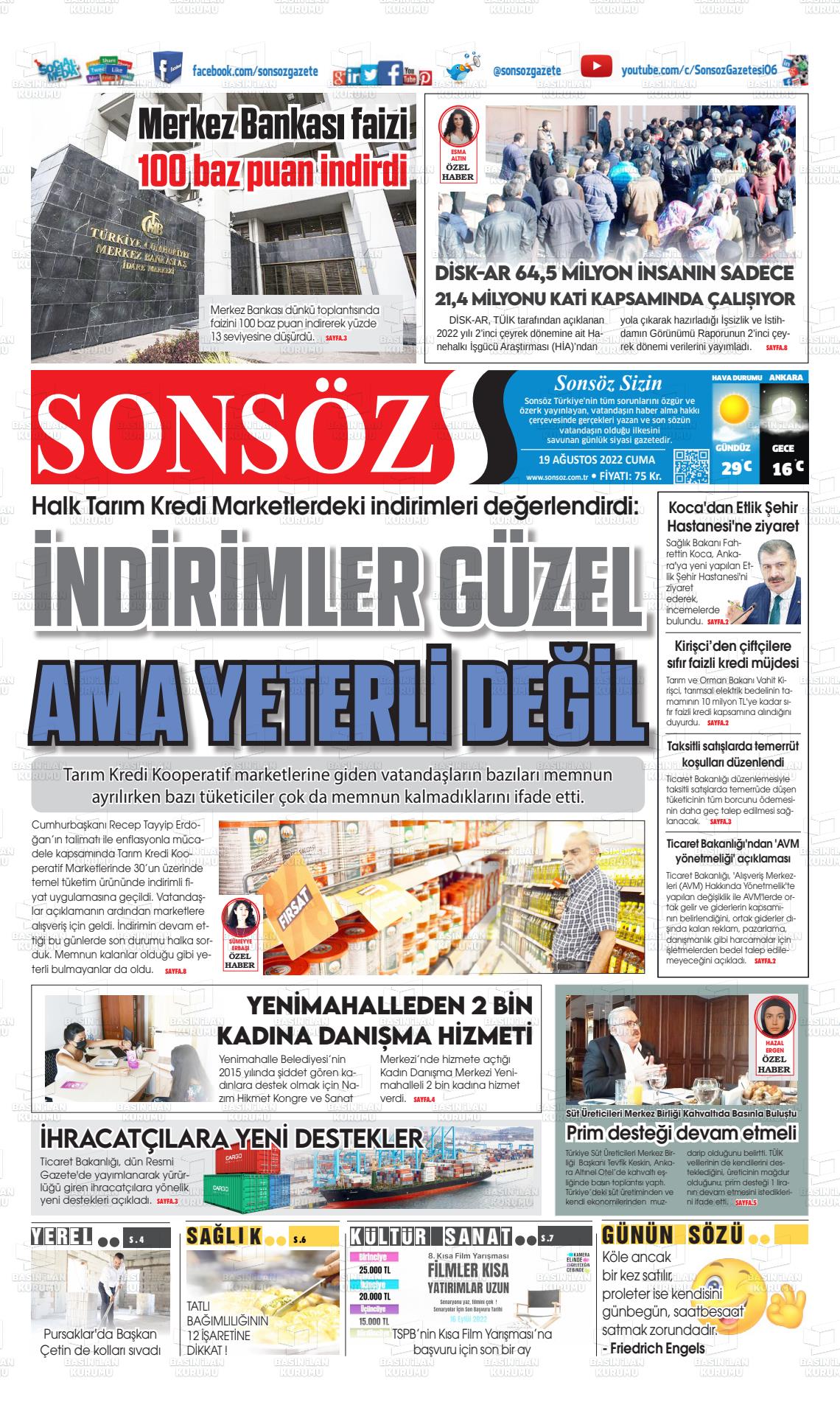 19 Ağustos 2022 Ankara Sonsöz Gazete Manşeti