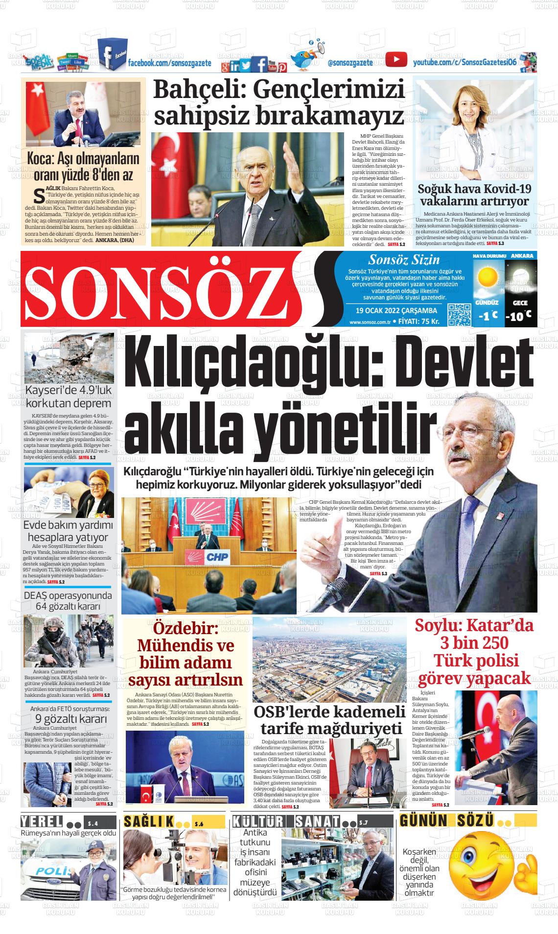 19 Ocak 2022 Ankara Sonsöz Gazete Manşeti