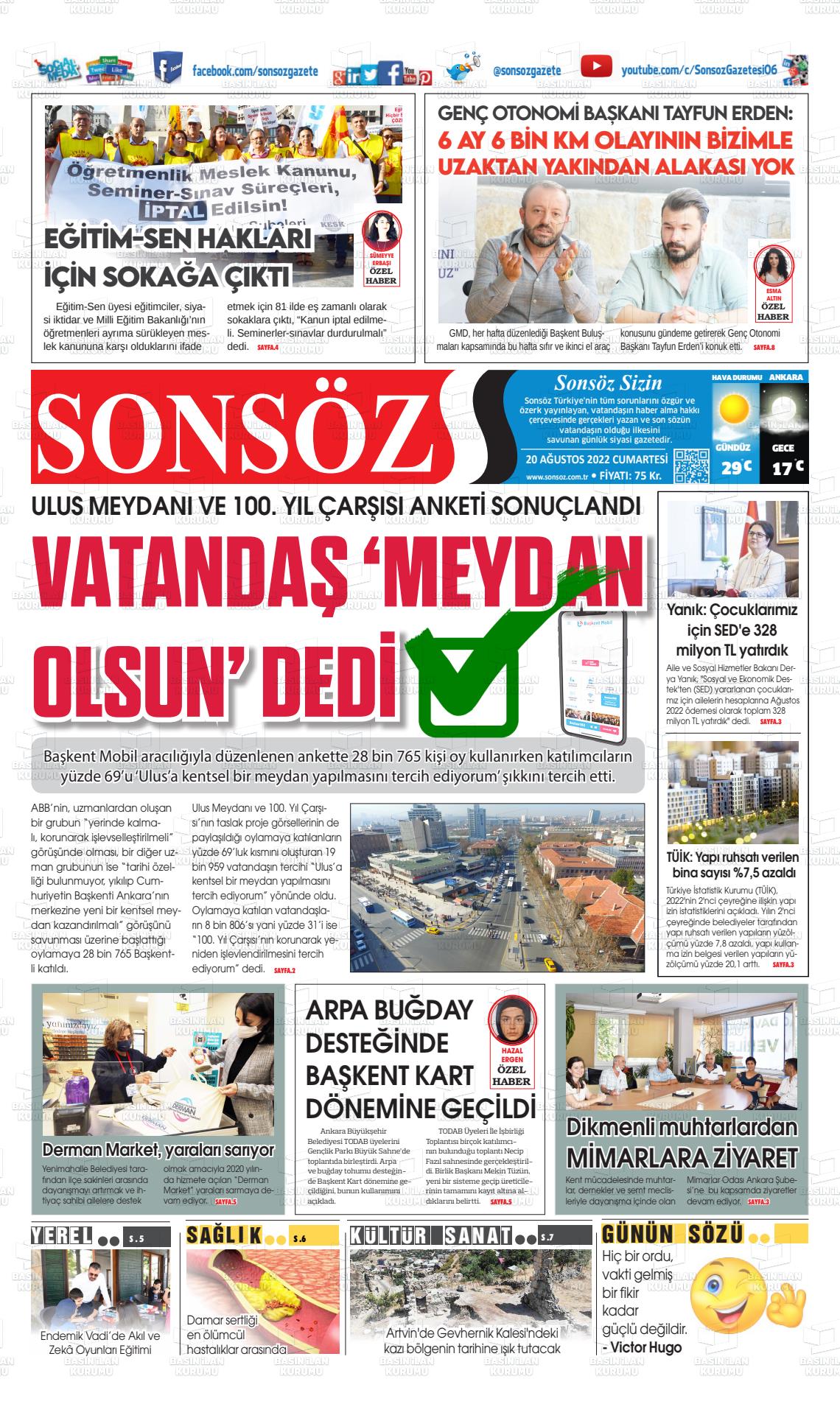 20 Ağustos 2022 Ankara Sonsöz Gazete Manşeti