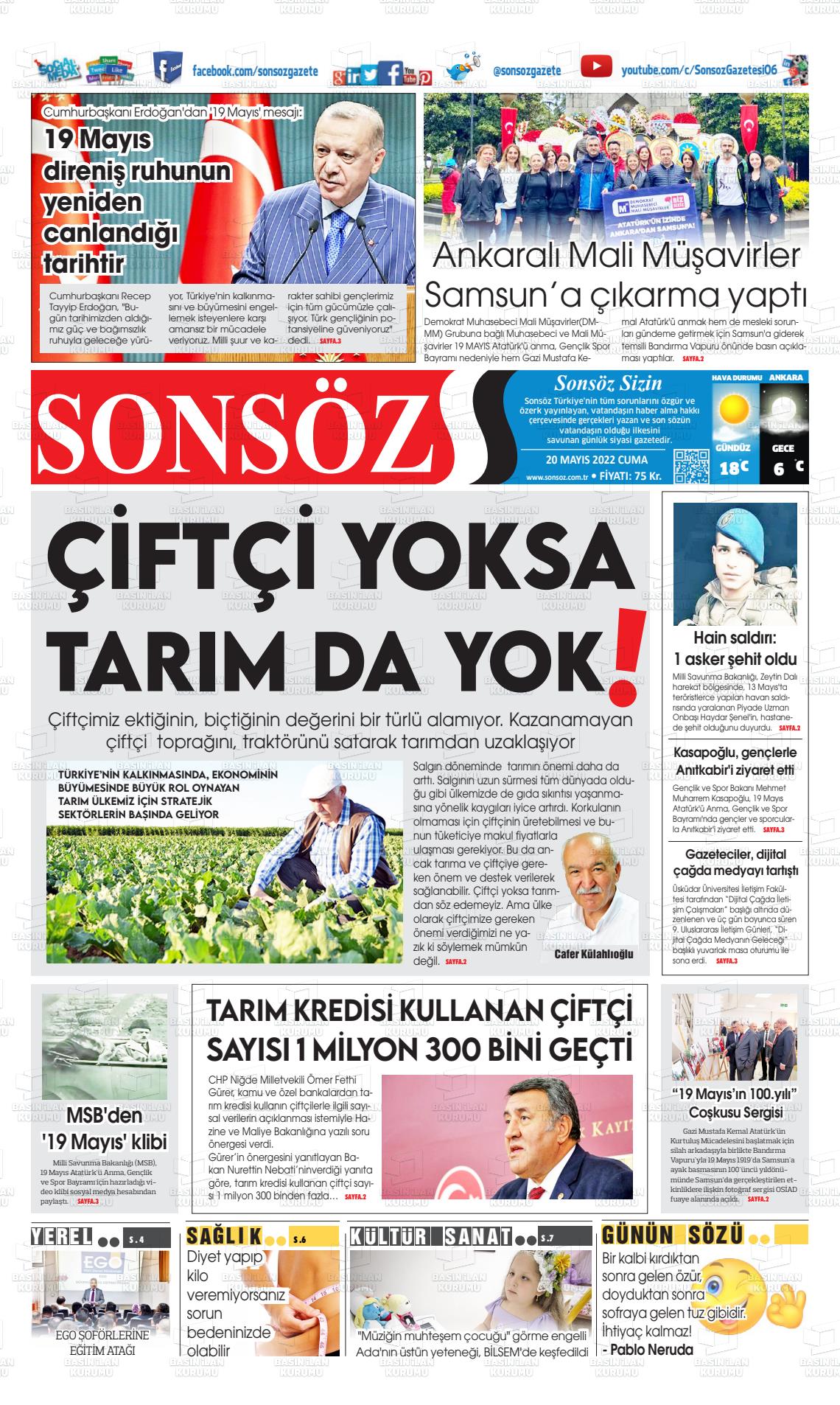 20 Mayıs 2022 Ankara Sonsöz Gazete Manşeti
