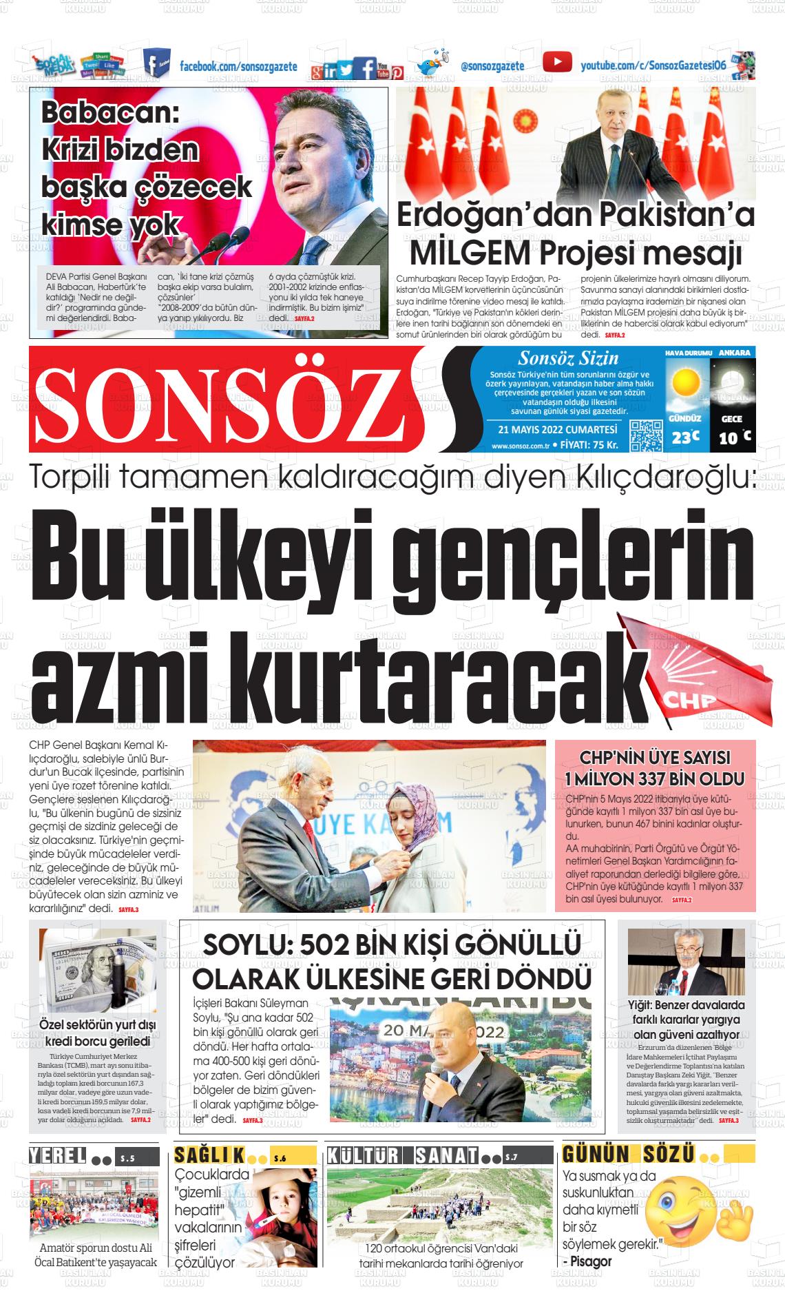 21 Mayıs 2022 Ankara Sonsöz Gazete Manşeti