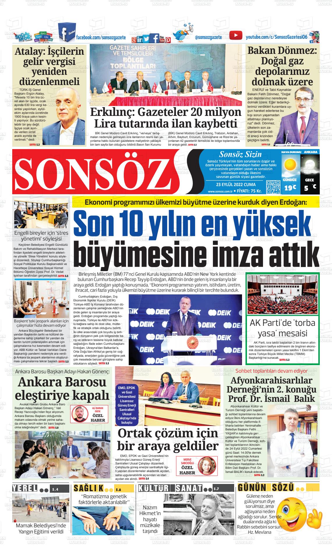 23 Eylül 2022 Ankara Sonsöz Gazete Manşeti