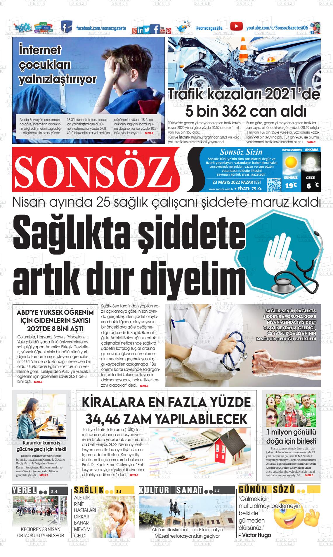 23 Mayıs 2022 Ankara Sonsöz Gazete Manşeti