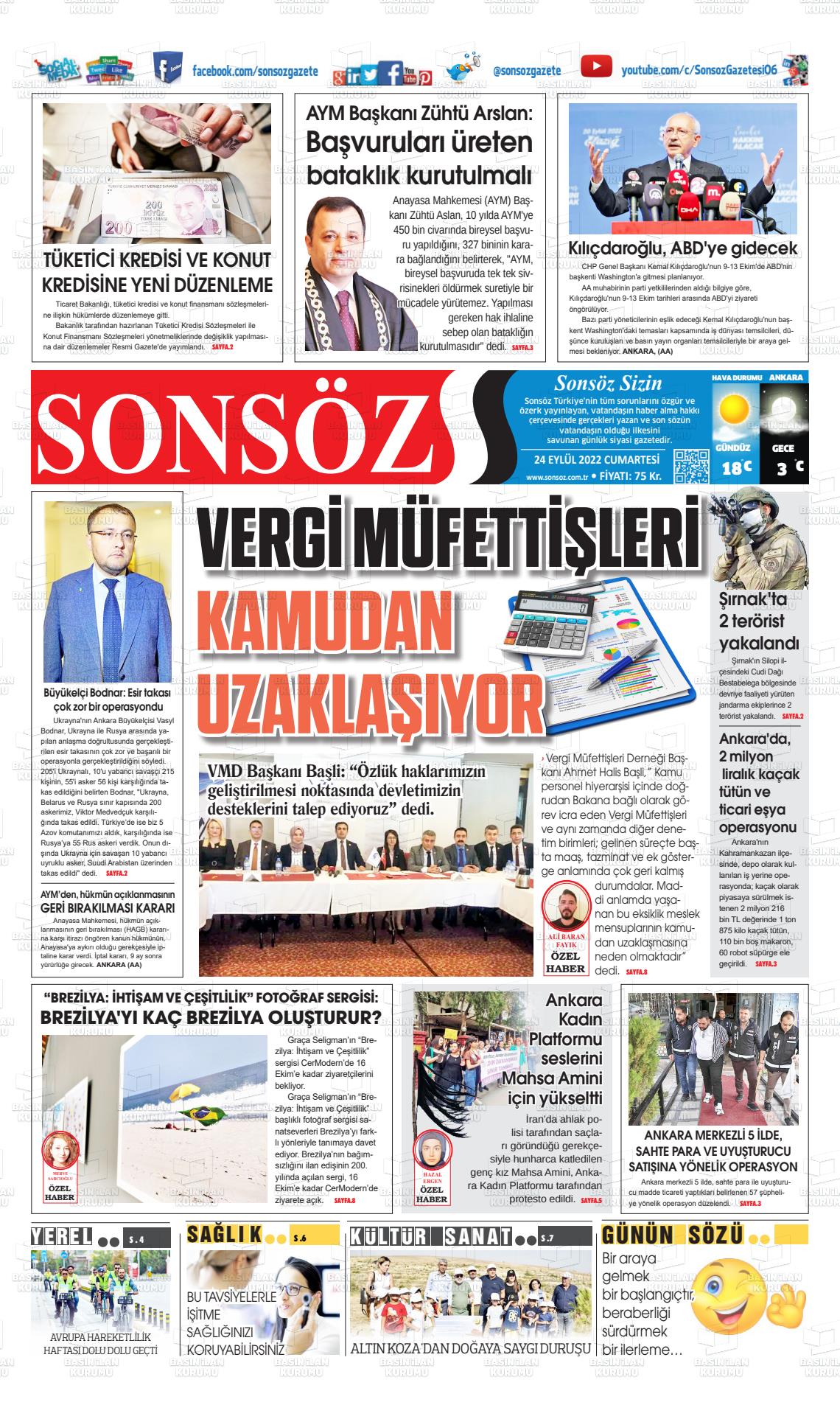 24 Eylül 2022 Ankara Sonsöz Gazete Manşeti
