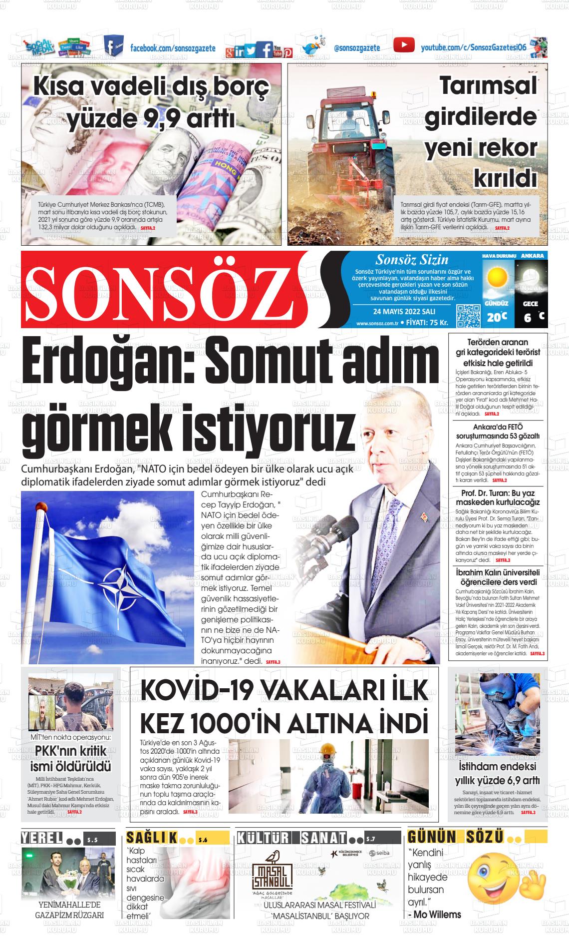 24 Mayıs 2022 Ankara Sonsöz Gazete Manşeti