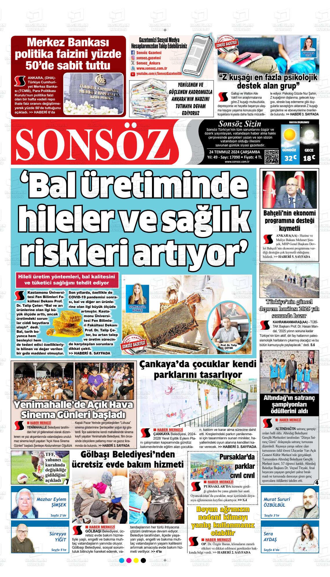 24 Temmuz 2024 Ankara Sonsöz Gazete Manşeti