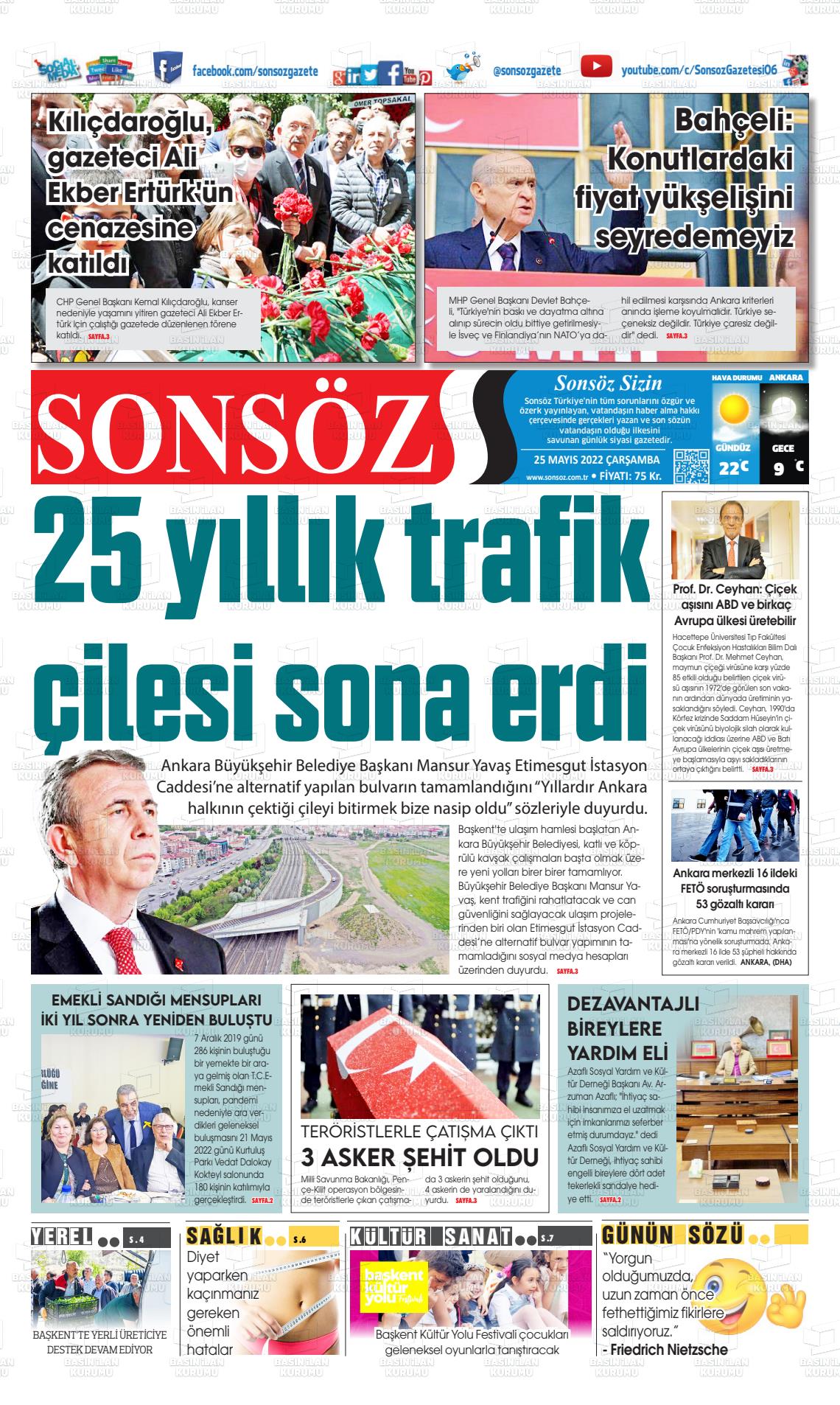 25 Mayıs 2022 Ankara Sonsöz Gazete Manşeti