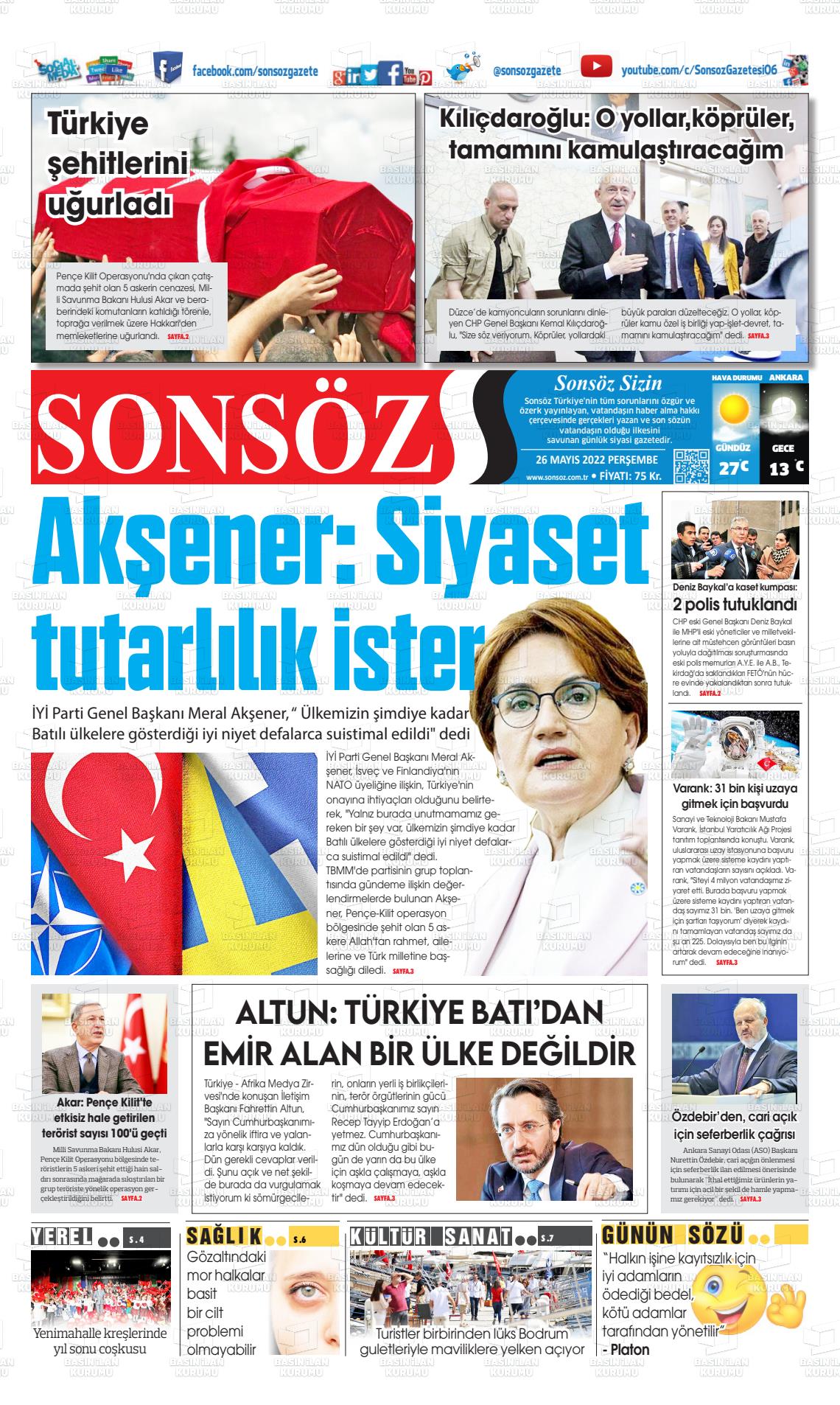 26 Mayıs 2022 Ankara Sonsöz Gazete Manşeti