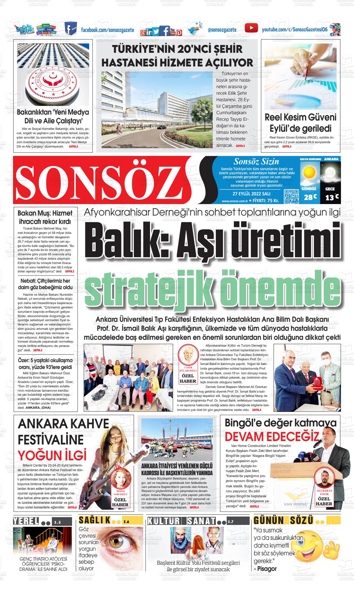 27 Eylül 2022 Ankara Sonsöz Gazete Manşeti