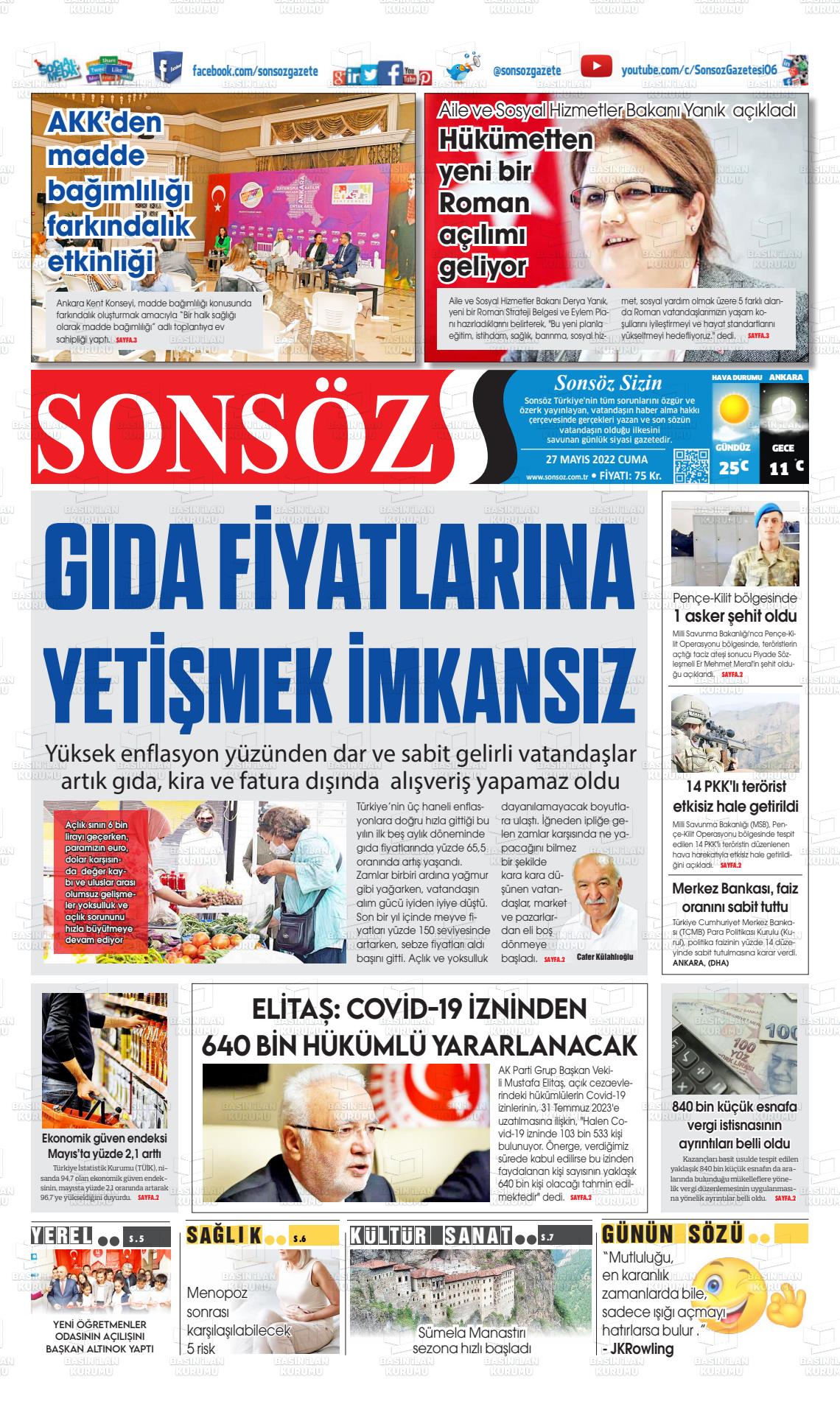 27 Mayıs 2022 Ankara Sonsöz Gazete Manşeti