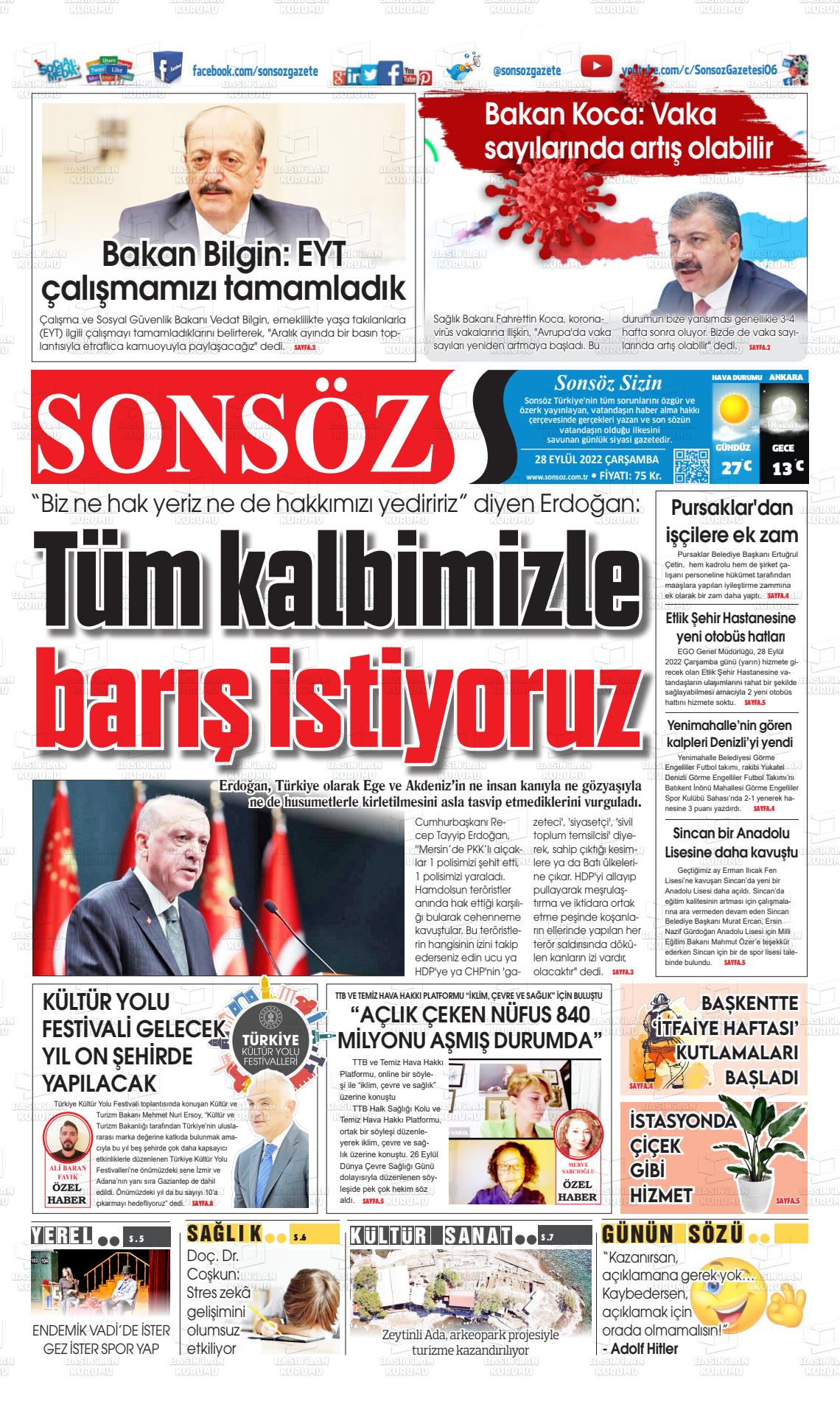 28 Eylül 2022 Ankara Sonsöz Gazete Manşeti