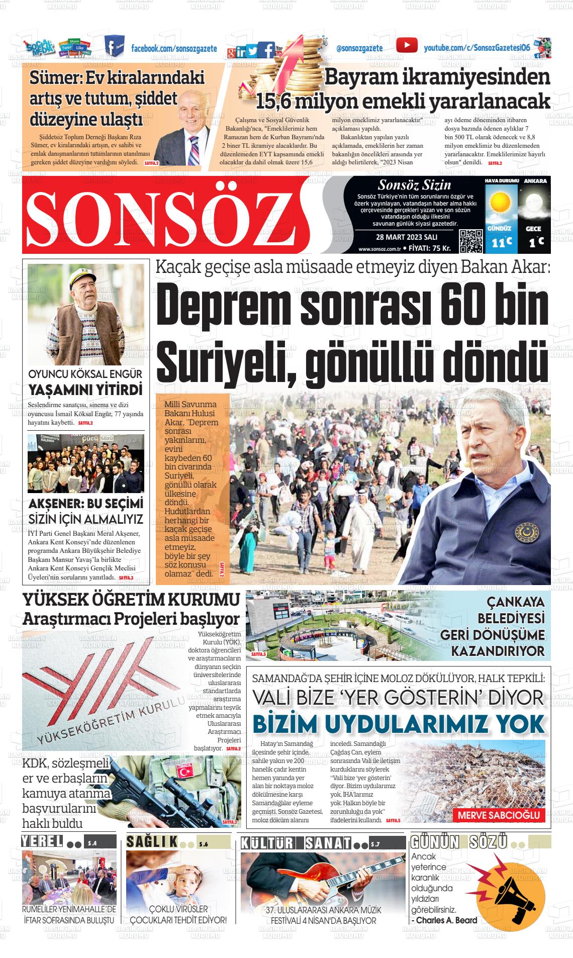 28 Mart 2023 Ankara Sonsöz Gazete Manşeti