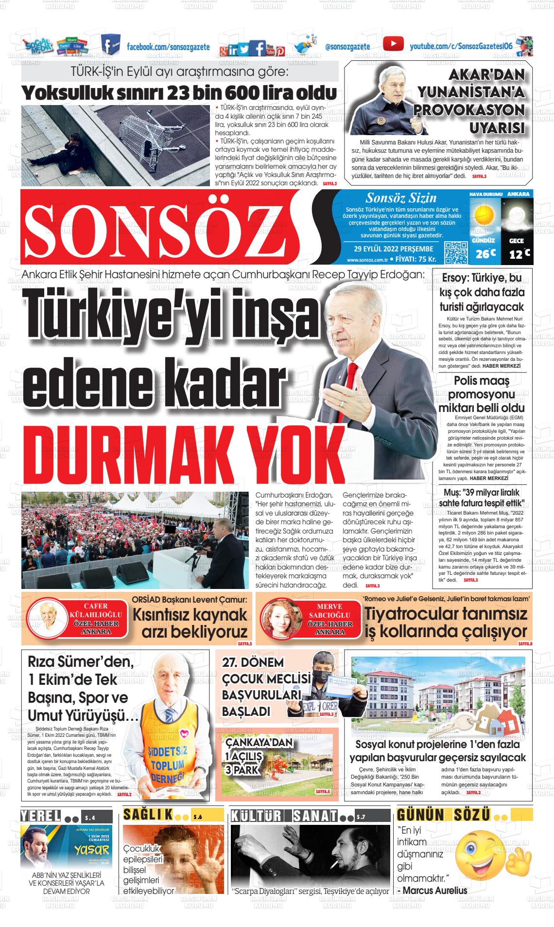 29 Eylül 2022 Ankara Sonsöz Gazete Manşeti